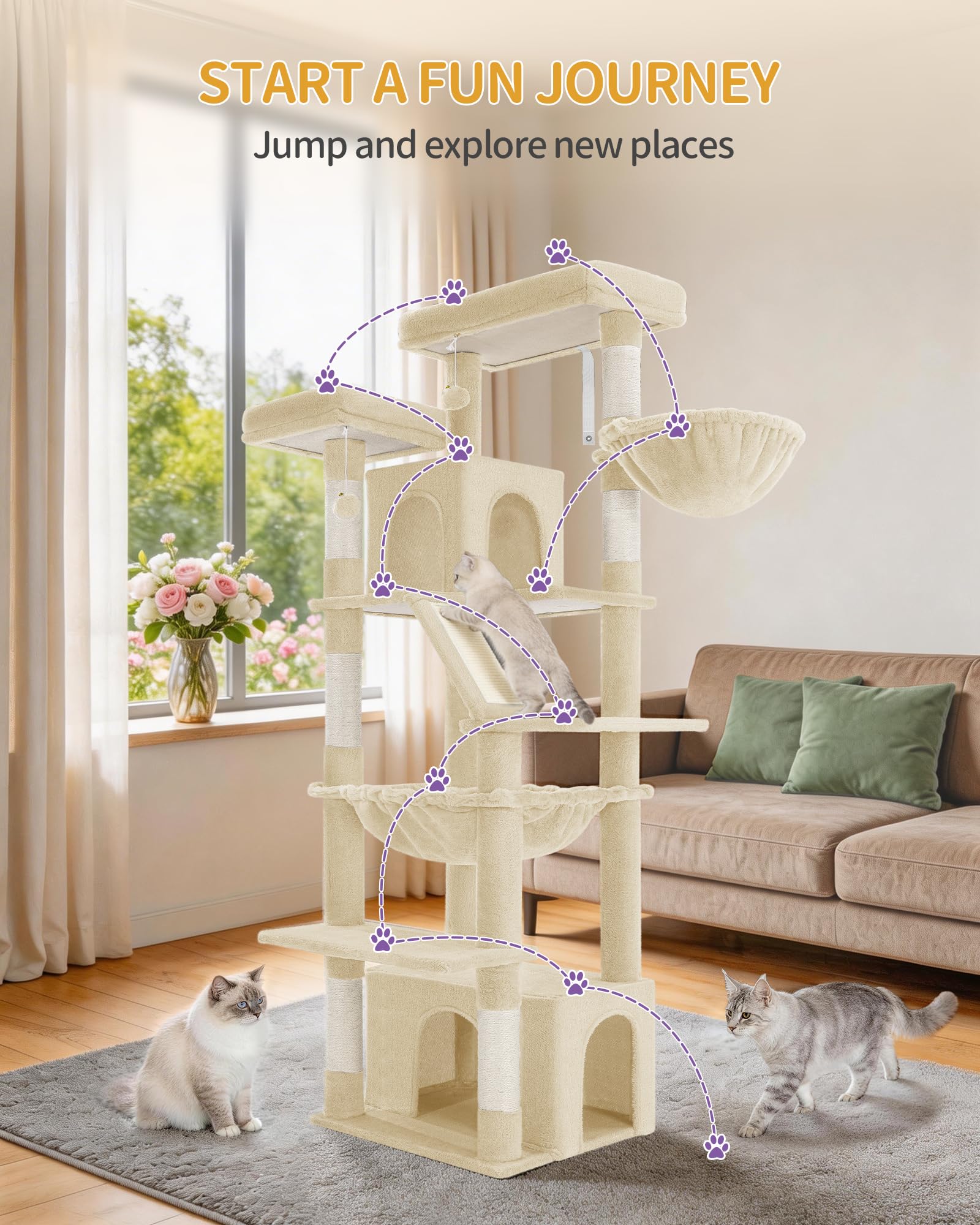 Hzuaneri Albero Tiragraffi Grande per Gatti, Torre per Gatti da Interno 183 cm con 2 Piattaforme, 2 Grotte, Cesta, Amaca e 6 Pali Tiragraffi, Ideale per Maine Coon e Tutte le Razze, Beige, MS18318YL