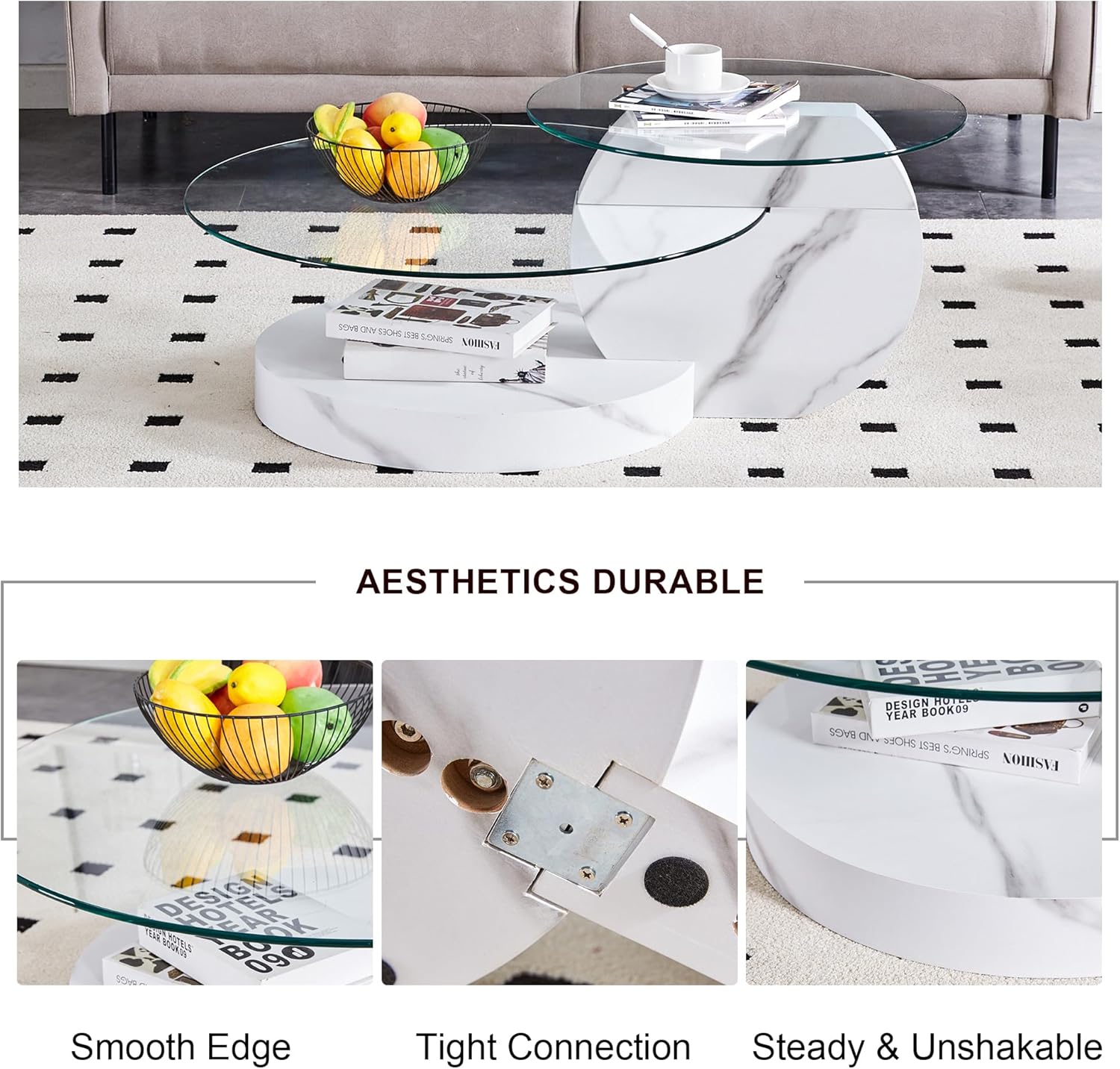 42" Glass Coffee Table, Round Coffee Table, 2-Tier Tempered Glass Tabletop with White Faux Marble Base, Modern Center Table for Living Room, Home, Apartment, Ideal for Small Space