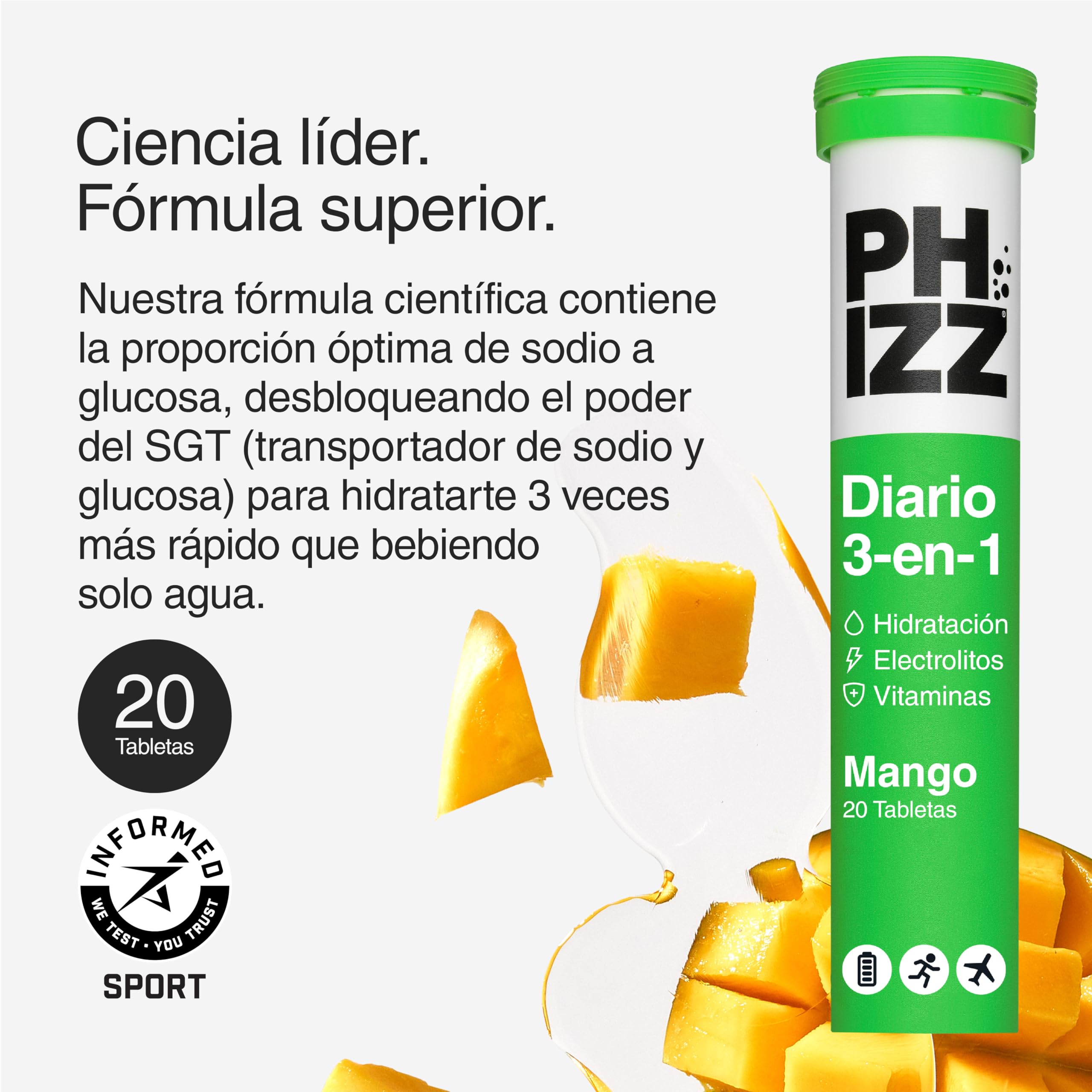 Phizz Electrolitos, Multivitaminas e Hidratación Efervescente Comprimidos - 18 Vitaminas y Minerales, Vitamina C, Añade a tu Botella de Agua y Bajo en Calorías (60 Pastilla, Mango)