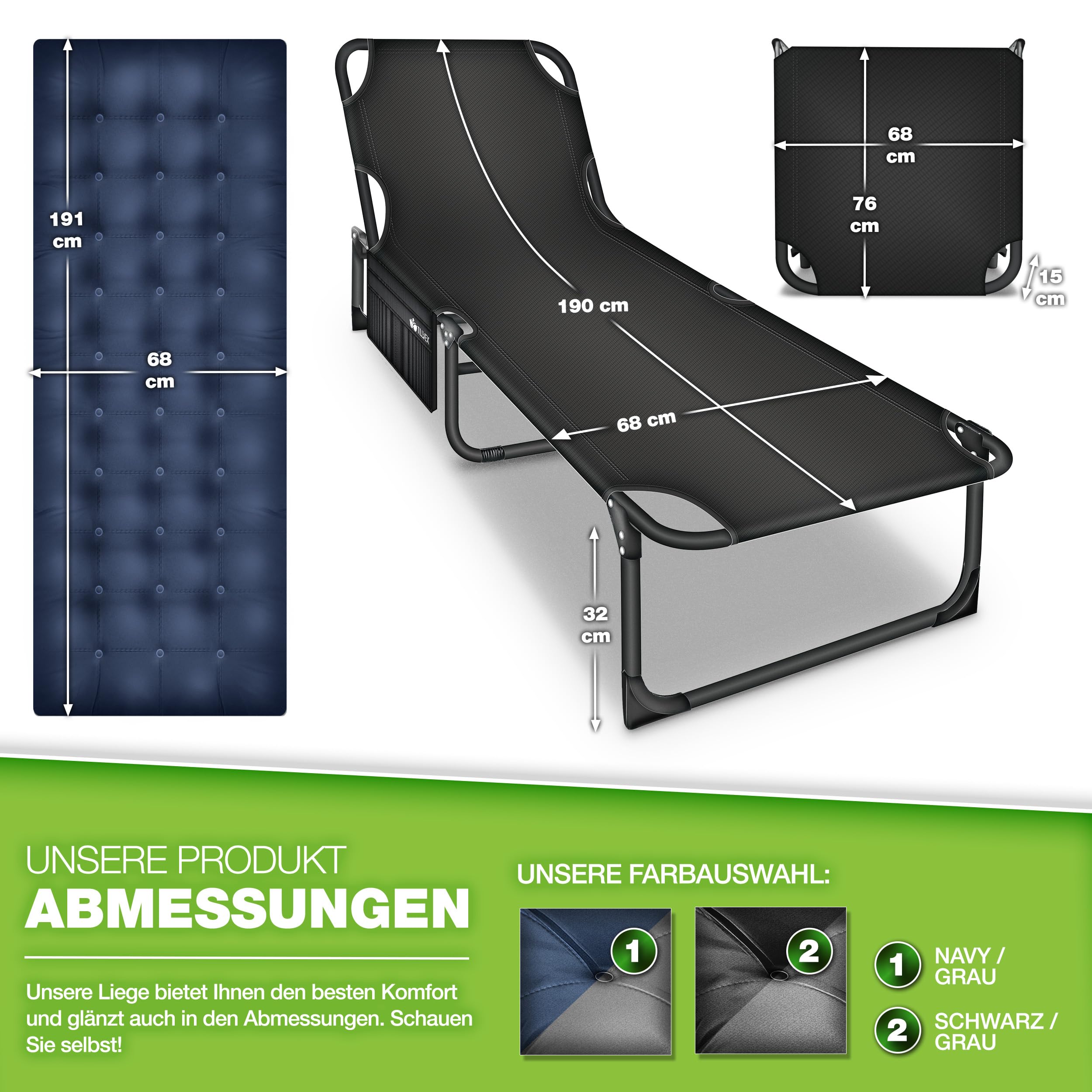 tillvex® Lit de camping pliable avec sac de transport et coussin de nuque - Charge maximale : 280 kg - Chaise longue de camping avec rembourrage - Pour l'extérieur et l'intérieur - Lit d'invité