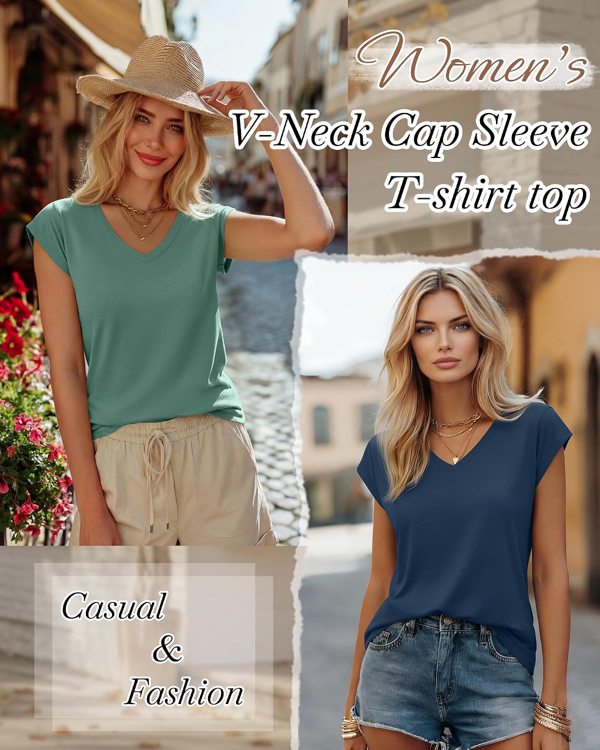 Locoowai 4 Pack Women's V Neck T Shirts Cap Sleeve Tops Trendy Short Sleeve Basic Tees Summer Casual Fashion Clothes