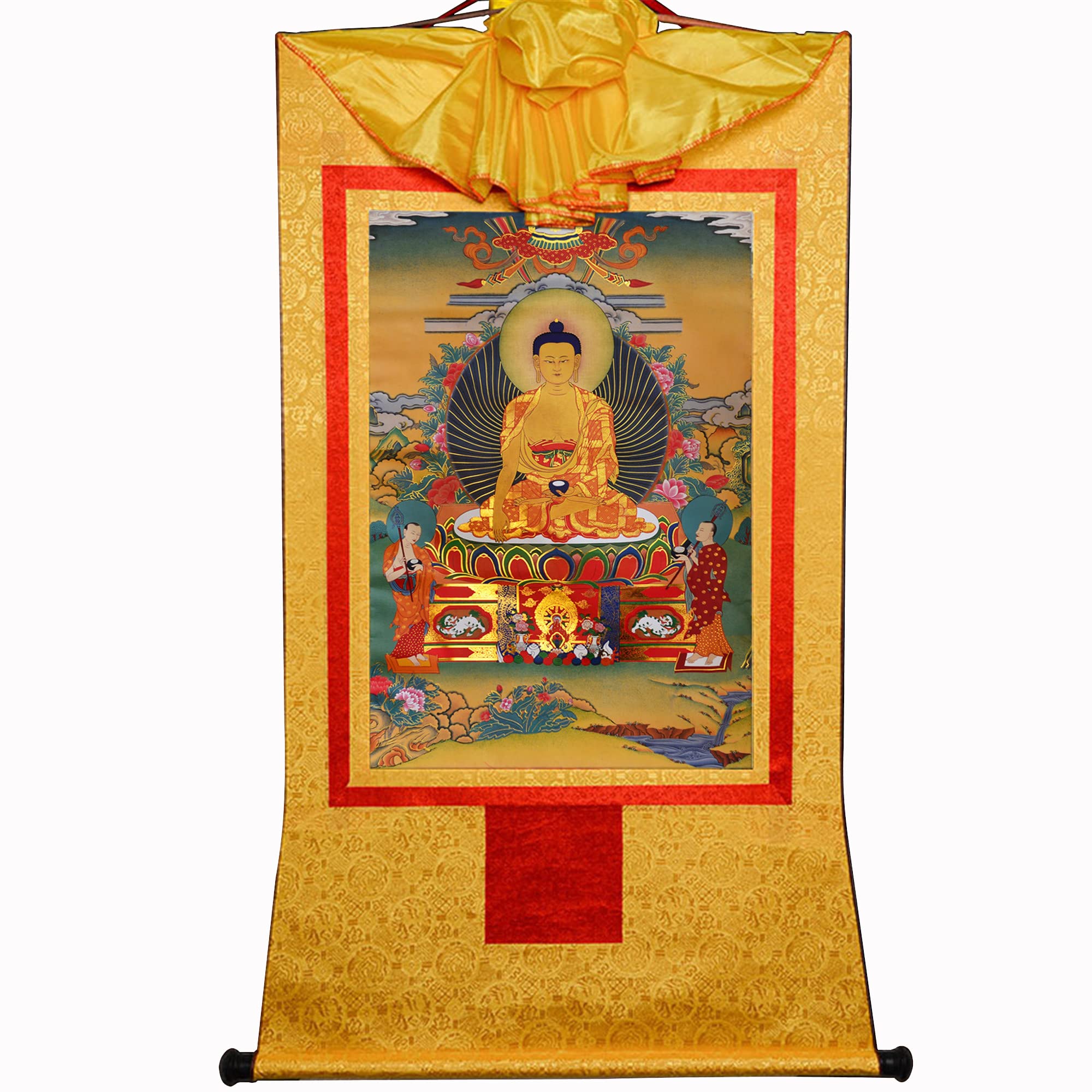 Gandhanra Tibetan Buddhist Thangka Wall Hanging,Shakyamuni Thangka,Hot Stamped Brocade Buddhist Tapestry for Zen Home Decor, Meditation, Spiritual Relaxation