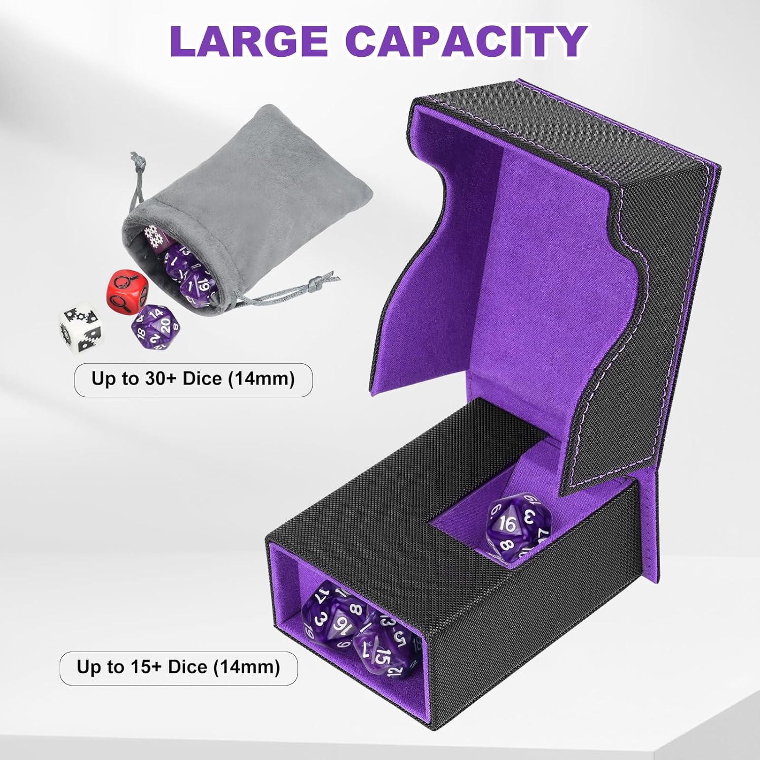 Dice Roller Tower, Magnetic Dice Tray for Rolling, Foldable Leather Dice Organizer Tower Fits for Dungeons & Dragons, MTG DM and Player, Black & Purple