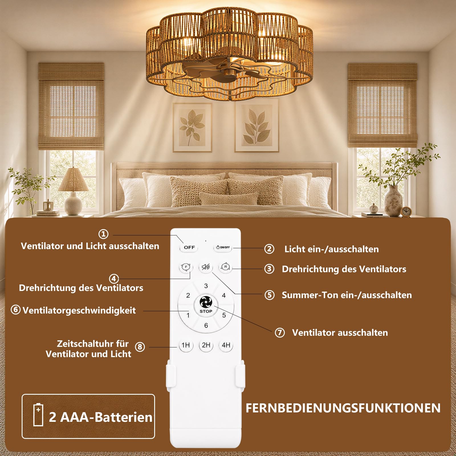 Deckenventilator mit Beleuchtung Boho Blumenform Rattan-Optik Ø47 cm | Fernbedienung, E27, Leise, 6 Geschwindigkeiten, Schlafzimmer Wohnzimmer Esszimmer