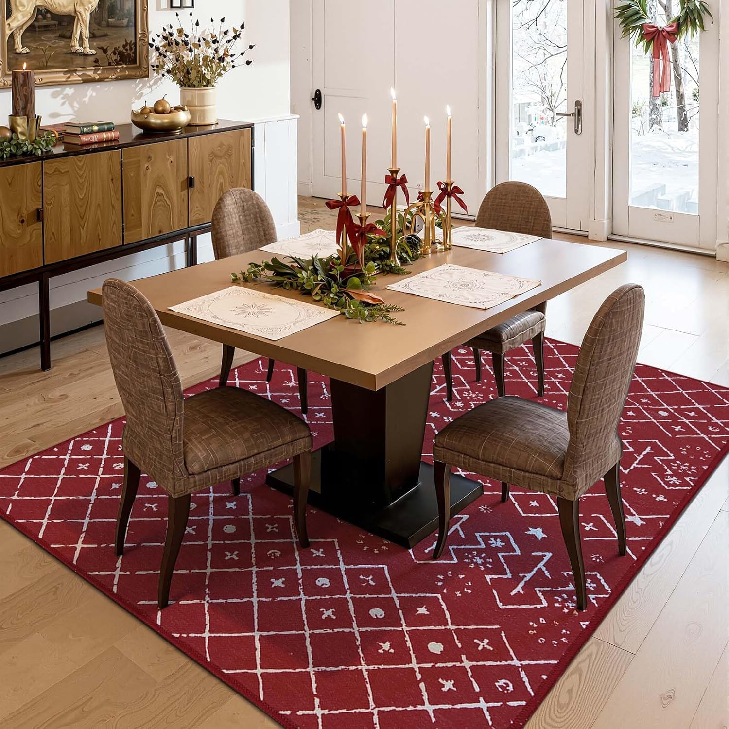 jinchan 5x7 Christmas Area Rug Burgundy Red Living Room Xmas Moroccan Modern Washable Non Slip Modern Soft Floor Carpet Holiday Decor Accent Rug for Bedroom Dining Room Kitchen Home Office
