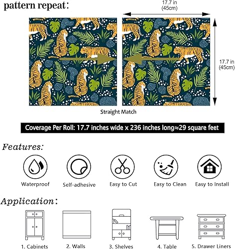 Miniatura 8 de CHIHUT Papel tapiz autoadhesivo de 17.7 x 236 pulgadas, diseño de leopardo del bosque, papel de contacto de vinilo impermeable para habitación del