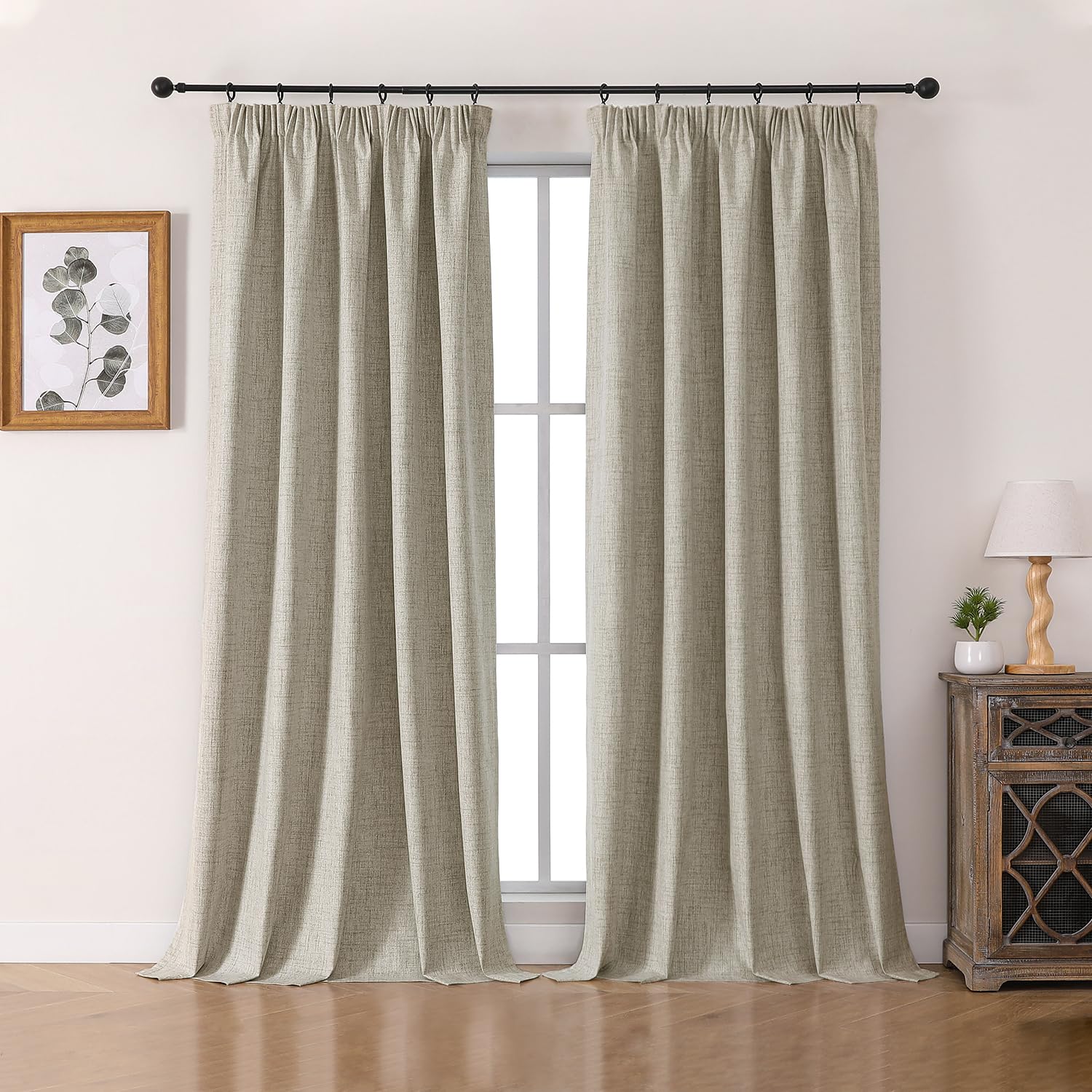 Joydeco 100% Blackout Curtains Bedroom 55 x 108 Inch Drop, Faux Linen Pencil Pleat Thermal Insulated Drapes with Coating Back Layers for Room Darkening Privacy Protection, 2 Panels, Linen Colour