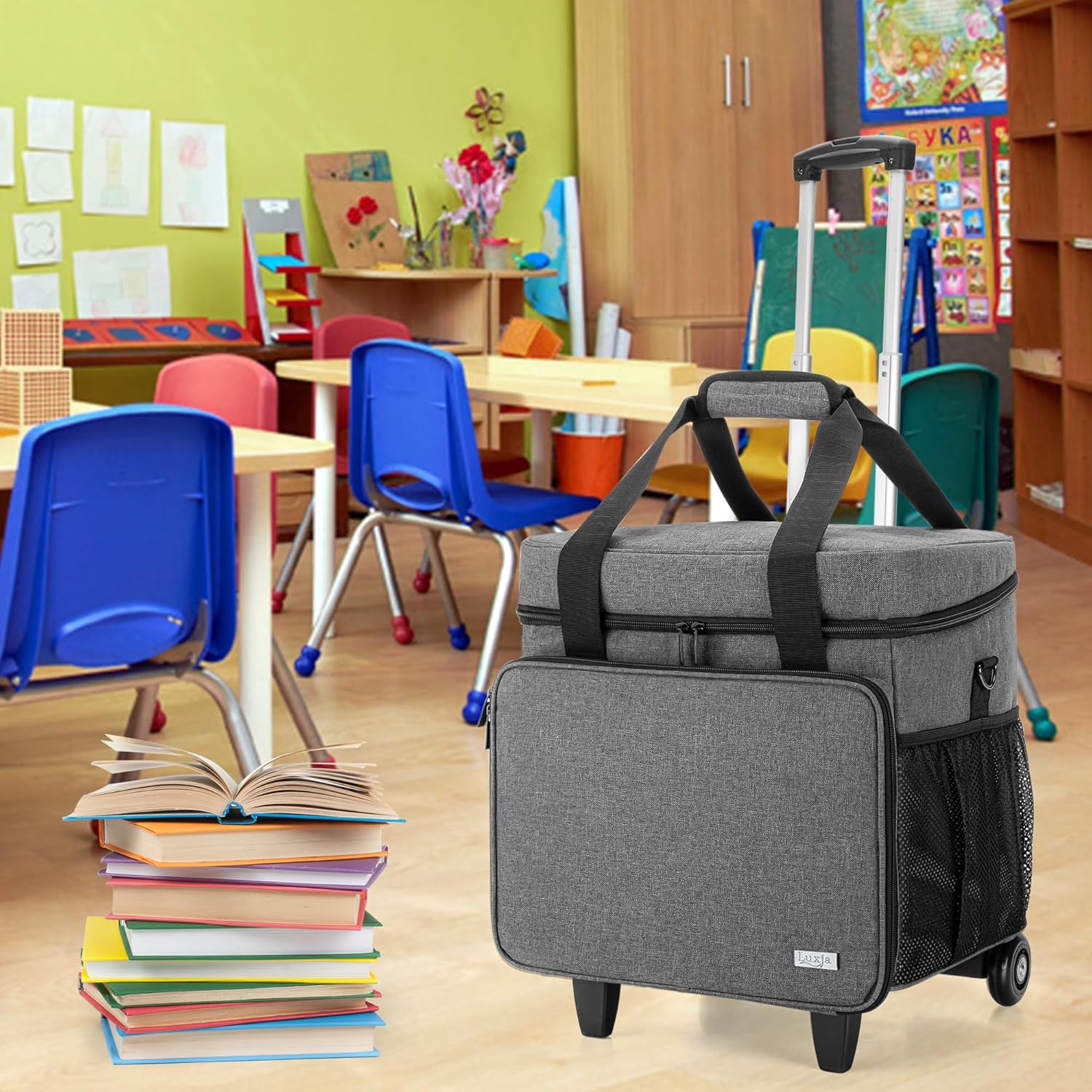 LUXJA Rolling Teacher Tote Bag with Bottom Support Pad, Multifunctional Teacher Bag with Detachable Dolly (Patented Design), Gray - Image 8