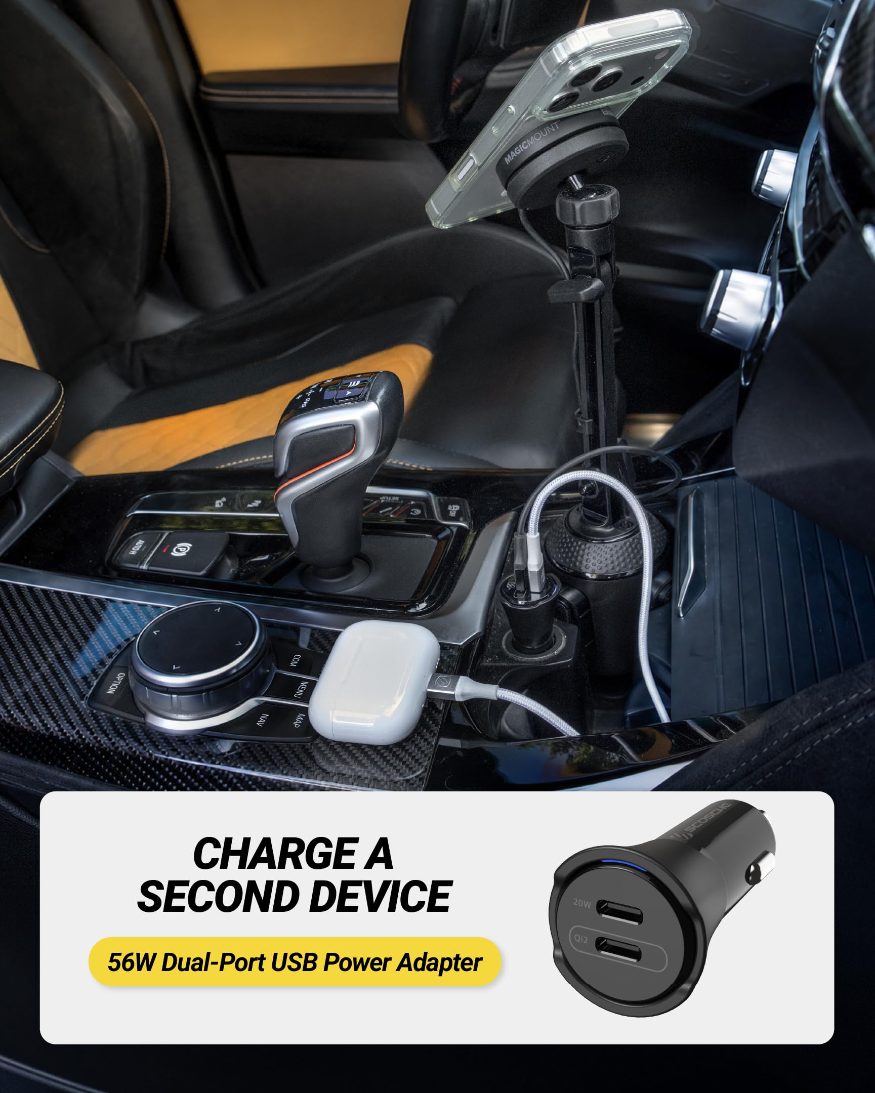 Scosche MagicMount Charge Elite Qi2 - Supporto per telefono con ricarica wireless MagSafe da 25 W, supporto magnetico da auto con collo regolabile per iPhone, Samsung, Pixel e dispositivi Qi2
