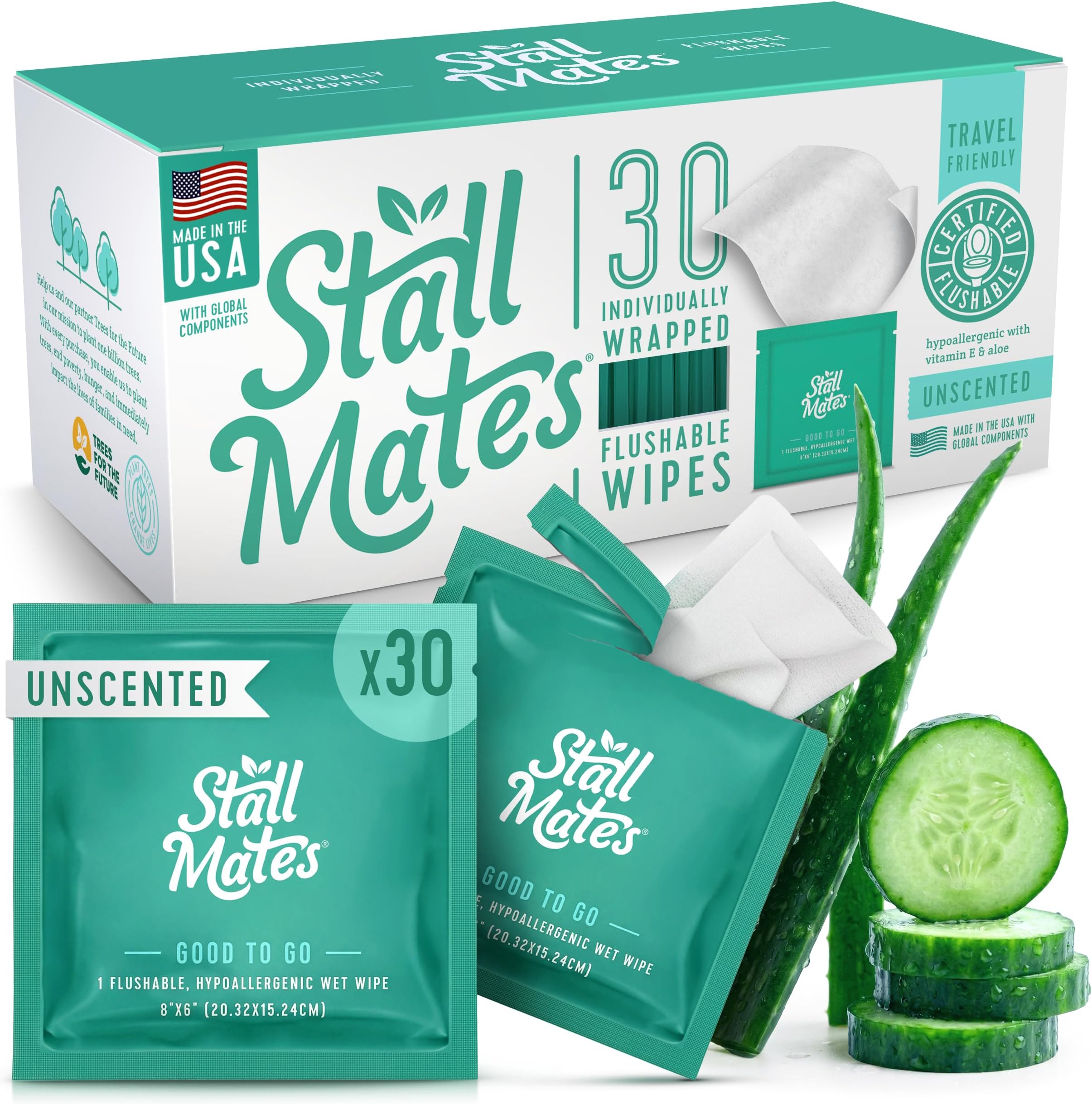 Stall Mates Wipes: Flushable, portable, eco-friendly bathroom wipes. (30 individually wrapped wipes)