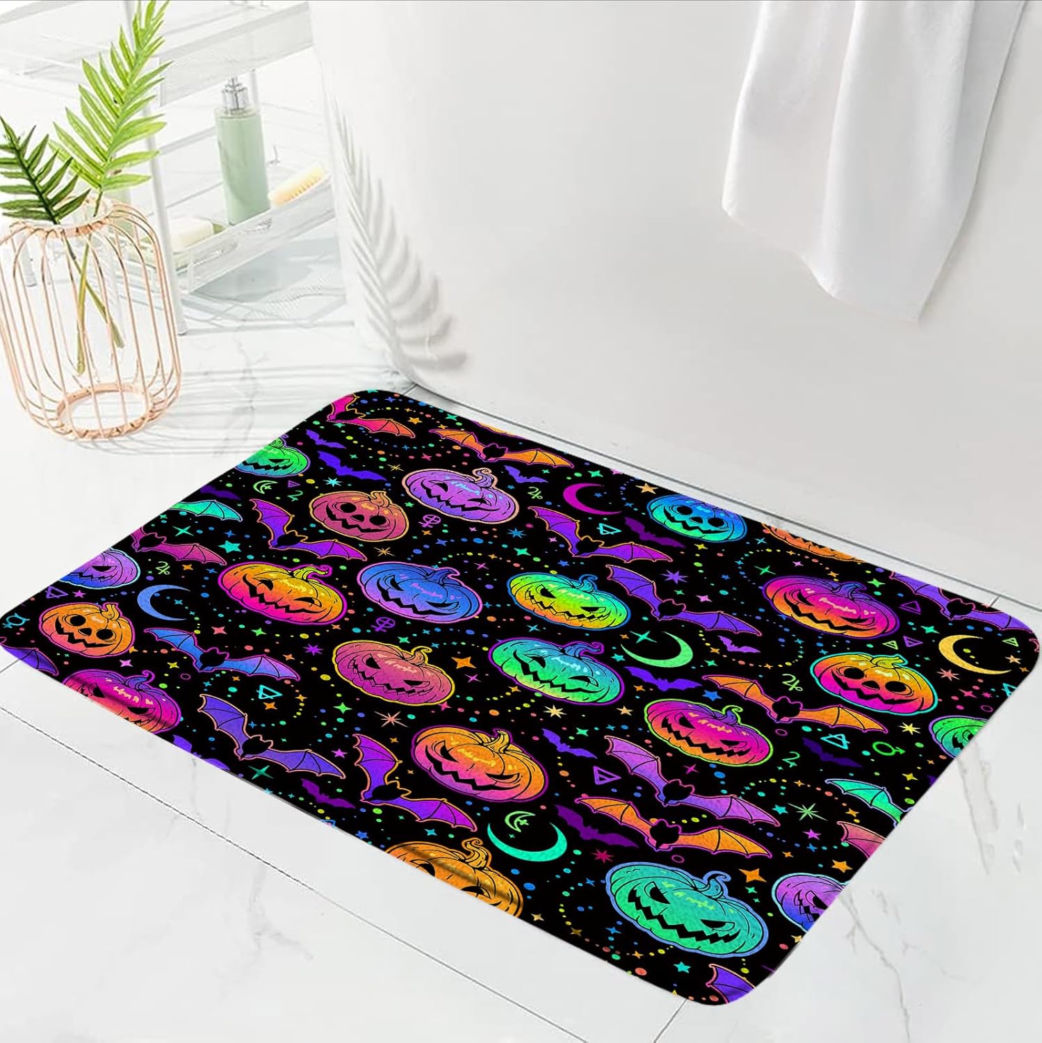 Colorful Pumpkin Bath Mat Scary Bat Star Moon Gothic Magic Mysterious Horror Spooky Fantasy Halloween Doormat Microfiber Memory