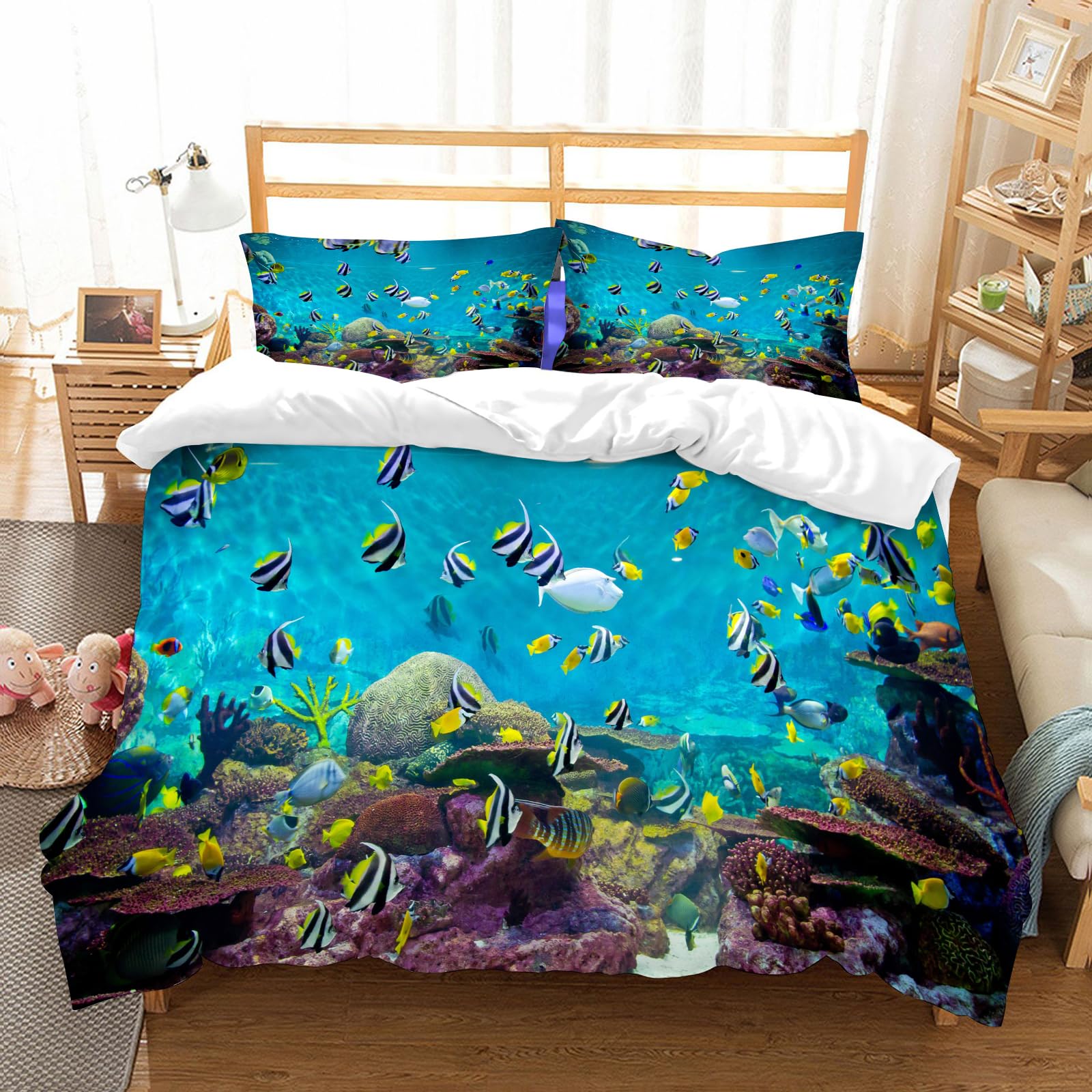 Housse de lit poissons et coraux 228x264cm avec deux couvercles d'oreiller en microfibre