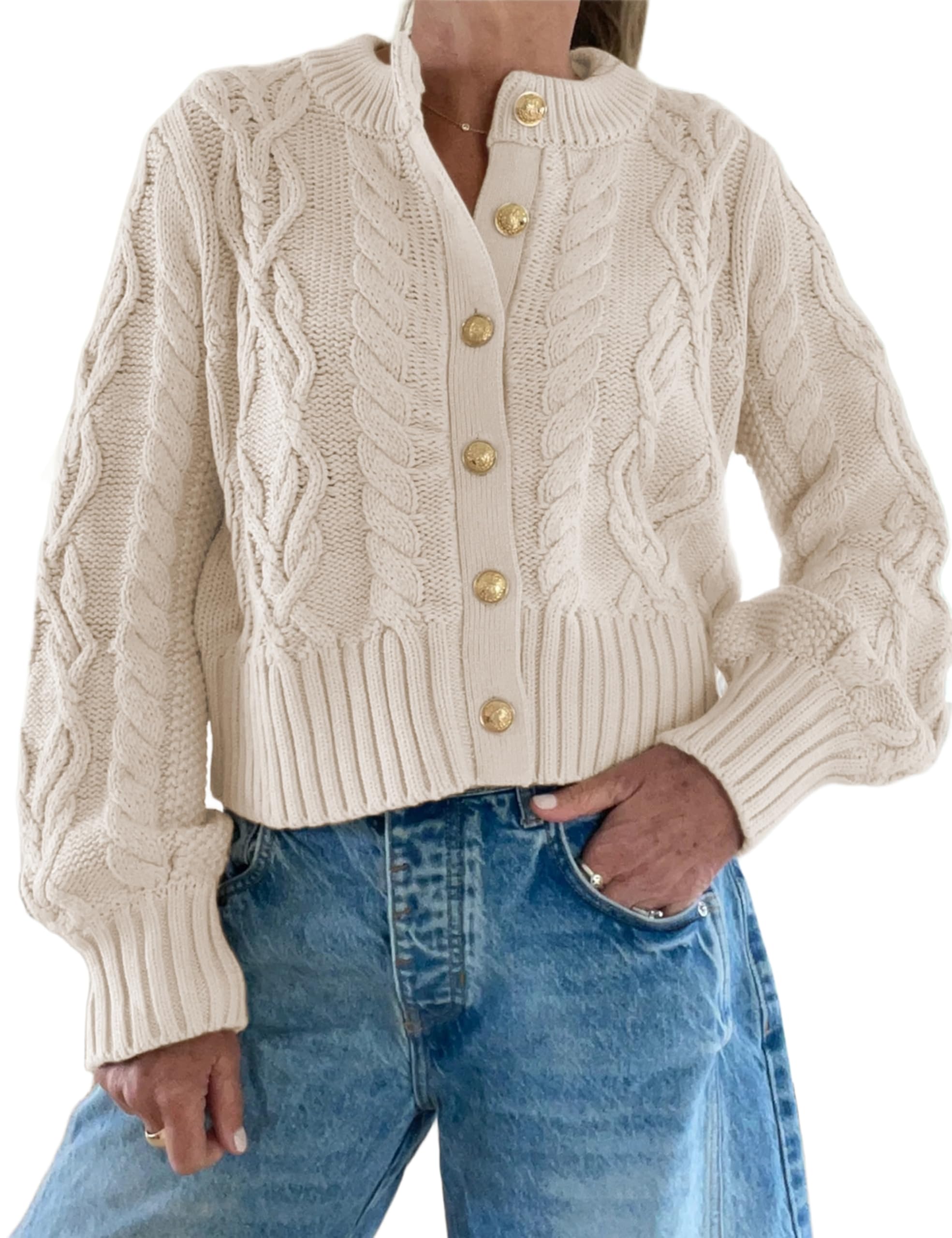Watashi Women Sweater Casual Button Up Cable Knit Long Sleeve Fall Cropped Cardigan Crewneck Chunky Knitted Sweaters