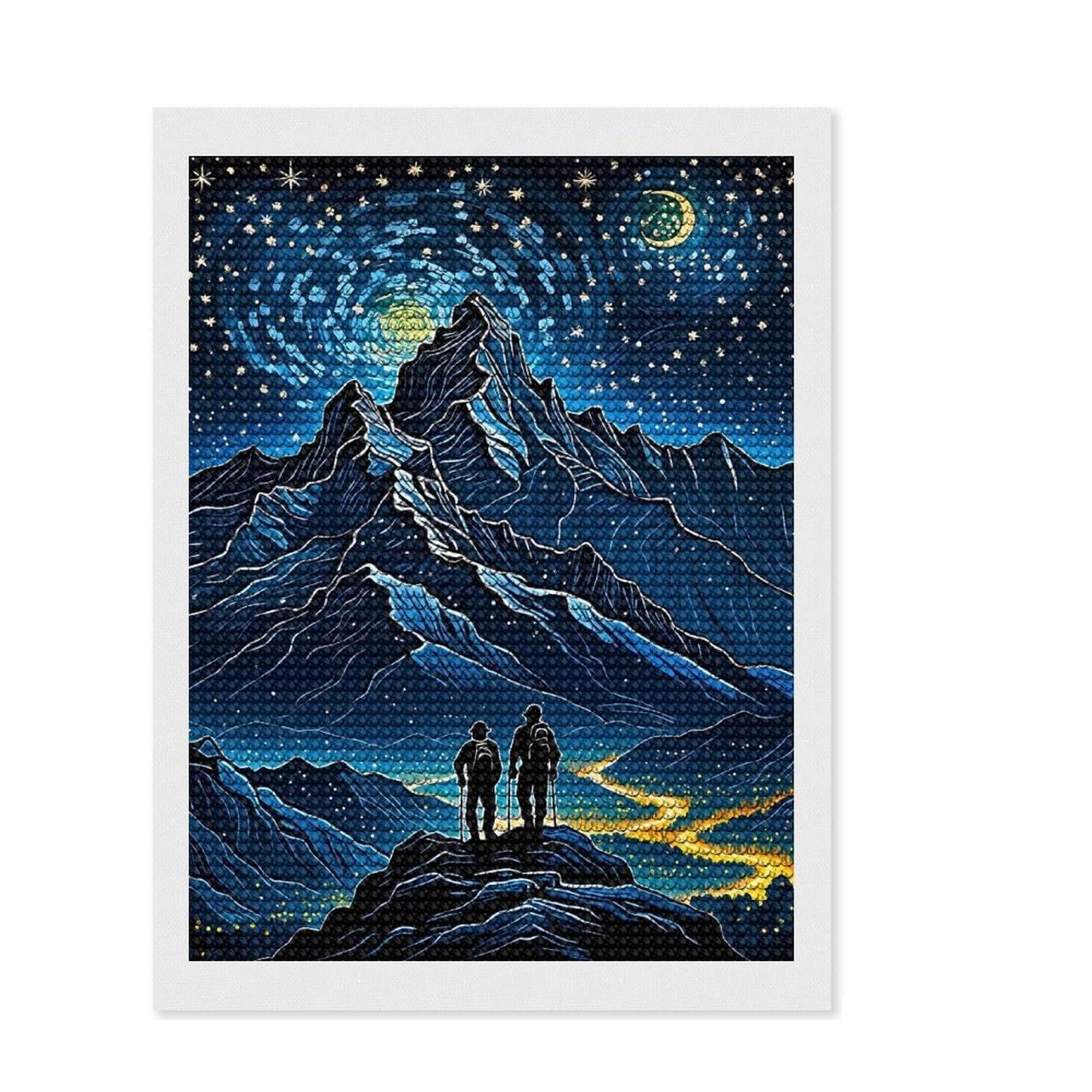 Junmoney Mountain Climber Starry Night Diamond Painting Kit 12"x16", Neat Printed Canvas, Sparkling Round Gems, Fun Craft Experience, Office Decor