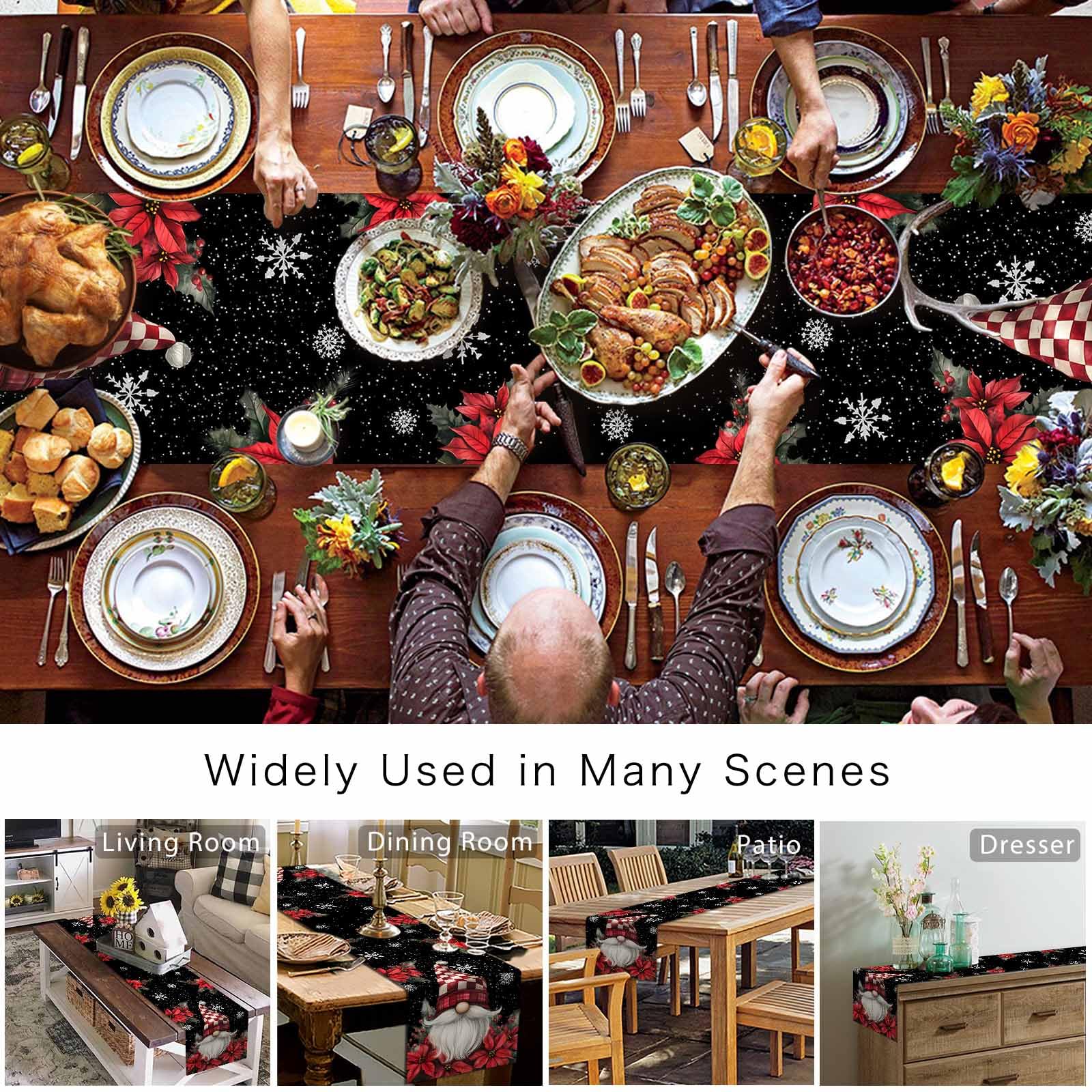 Gnome Christmas Table Runner 90 Inches Long - Red Black Buffalo Plaid Cotton Linen Holiday Decor