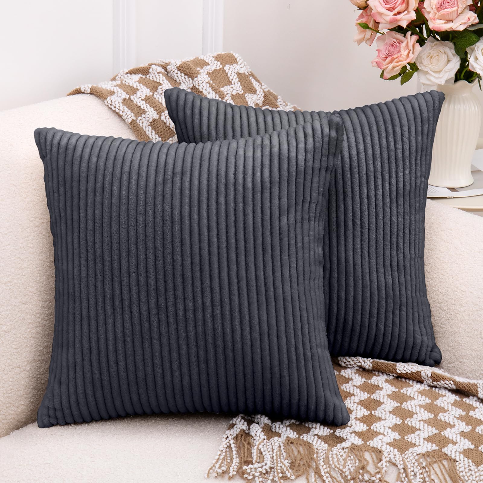 TaiBest Corduroy Throw Pillows Set of 2 with Inserts (Grey, 45x45cm) โ image 1