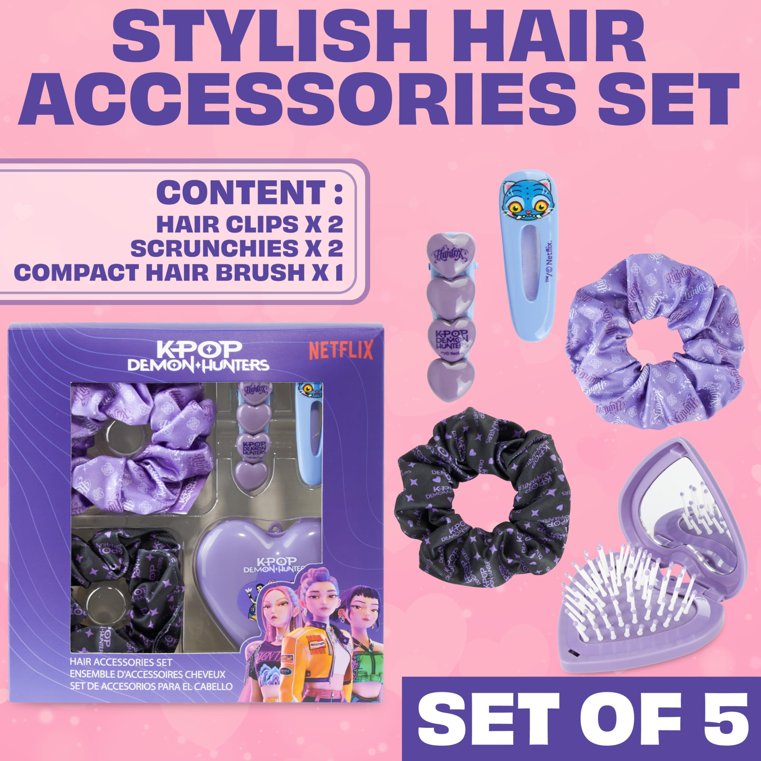 Get Trend KPop Demon Hunters Huntrix Accessoire Cheveux Fille Set, 5 Pièces avec Pince, Elastique, Chouchou et Pliable Brosse Cheveux avec Petit Miroir, École ou Voyages, Cadeau Fille