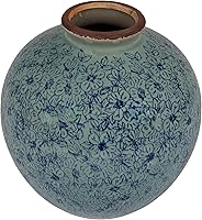 Vista 9 de Creative Co-Op Jarrón redondo decorativo de terracota con patrón de transferencia, aguamarina