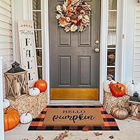 Vista 3 de Juego combinado de tapetes de puerta de decoración de otoño, 100% fibra de coco + alfombra a cuadros naranja y negra de 28 x 43 pulgadas, tapete