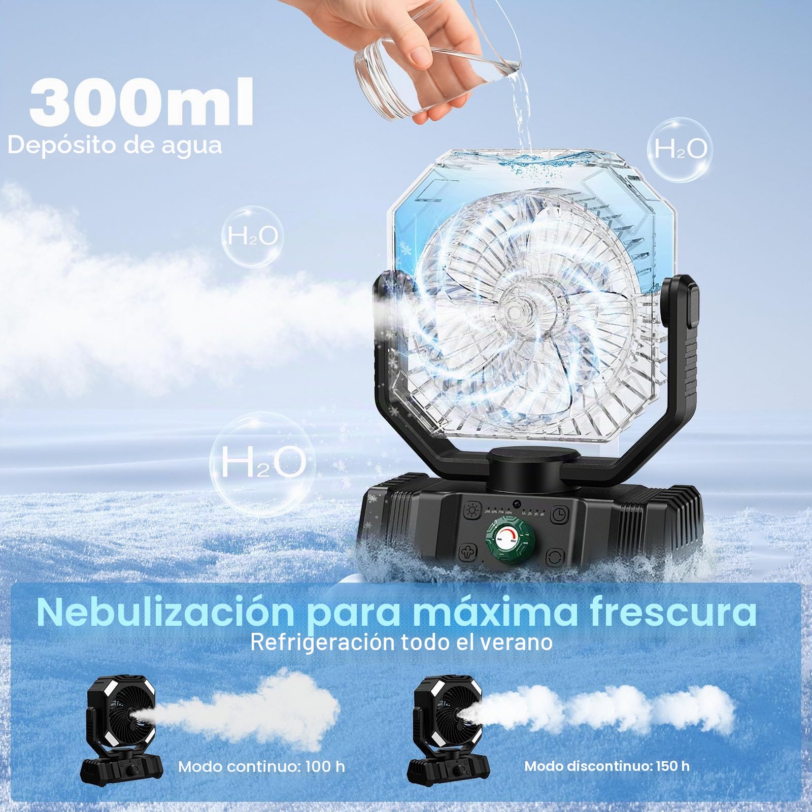 Ventilador Nebulizador Portátil 20000mAh, con Tanque de 300 ml, Oscilación 45°-90°, Rotación 270°, Luz LED, Temporizador, para Camping, Exterior, Escritorio y Viajes