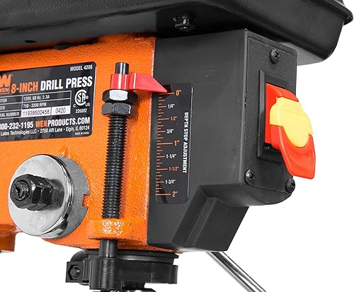 Miniatura 4 de WEN 4206T Prensa de taladro de mesa de hierro fundido de 2.3 amperios y 8 pulgadas y 5 velocidades y tornillo de banco de taladro de 3 pulgadas