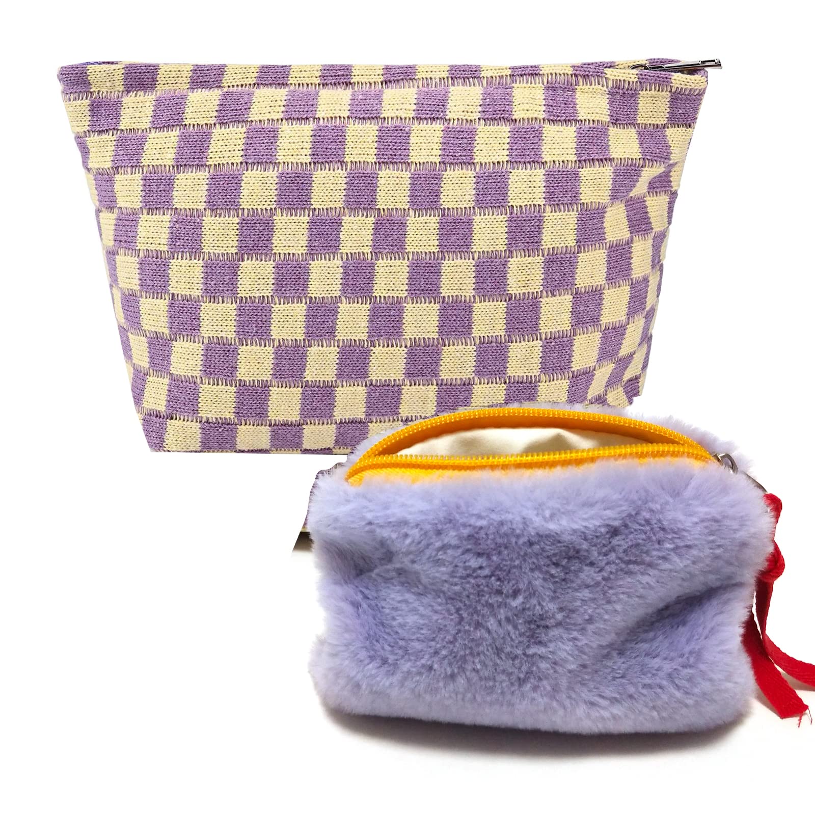 KSMMA2-Piece Knitted Makeup Bag and Plush Card Bag,Large Capacity Clutch Bag,Women Purse,Travel Toiletry Bag,Sisterhood Gift,Trendy Tiktok Items,Cosmetic Brush Organizer(Purple Plaid)