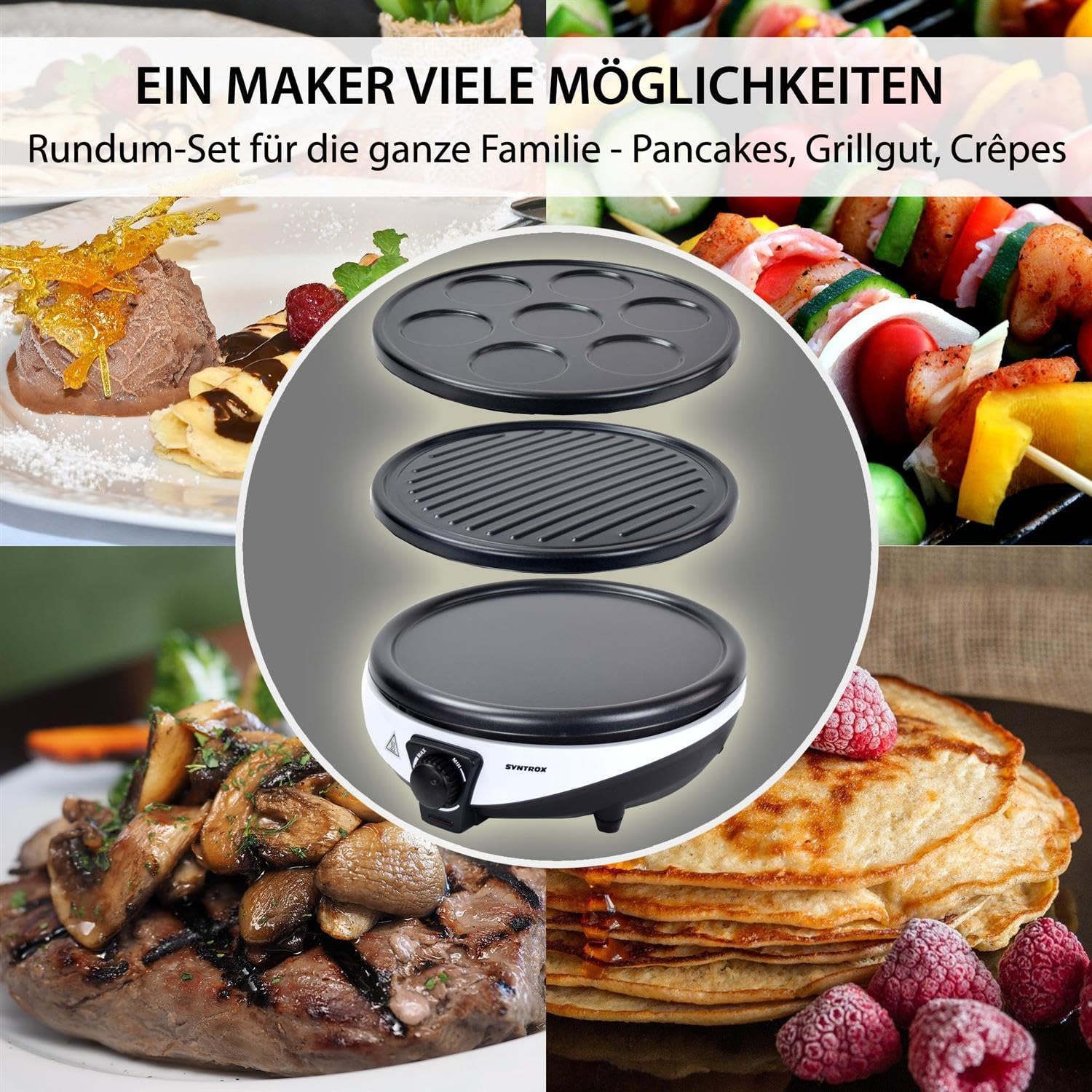 Syntrox Germany 3in1 Crepes Maker | Kontaktgrill | Pancake Maker Zephir, viele Anwendungsmöglichkeiten, Antihaftbeschichtet, 1000 Watt Leistung, Edelstahl