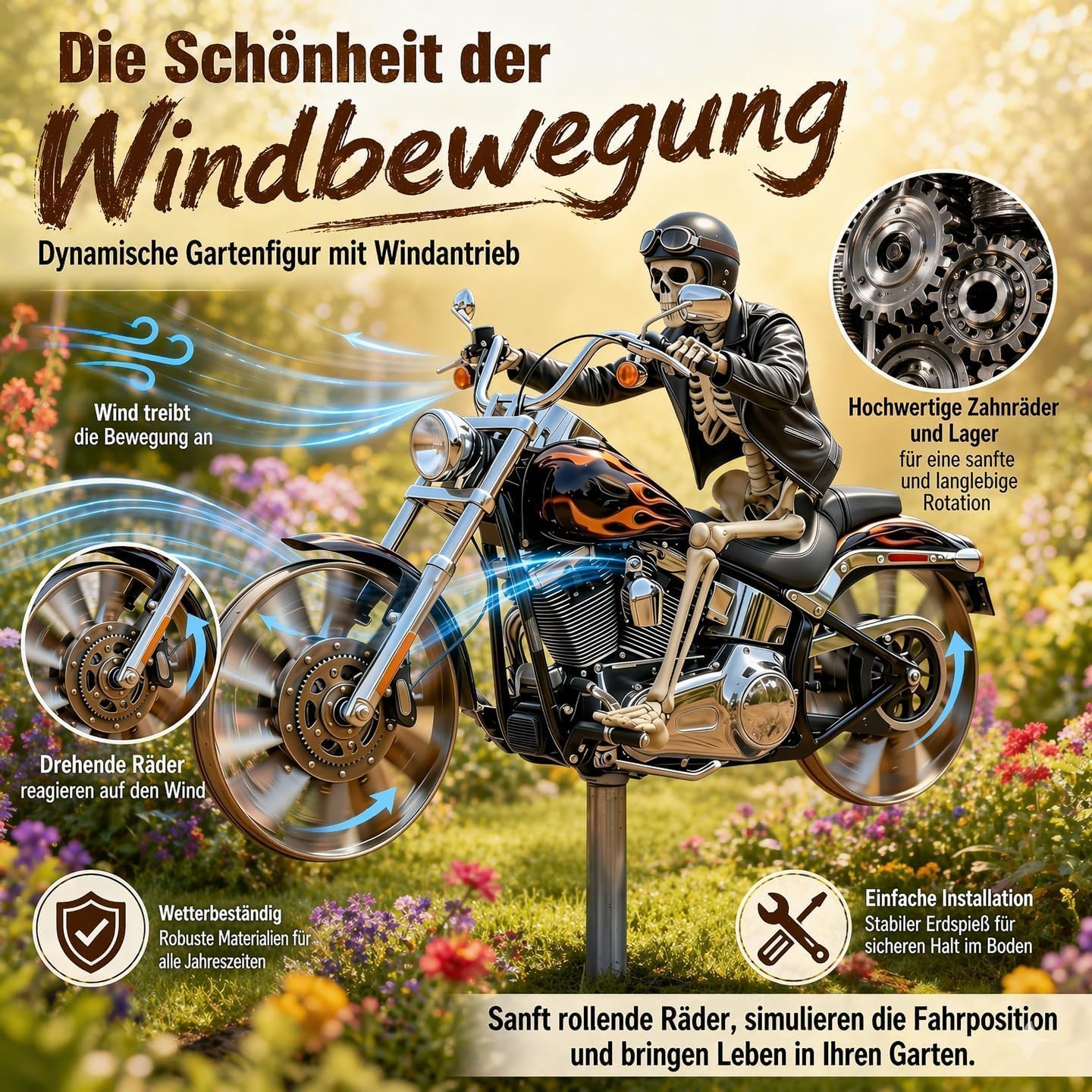 Skelett Motorrad Windspiel, Motorrad Windrad Garten Windspiel, Biker-Totenkopf-Windmühlenpfahl Skelett-Motorrads Gartenspinner, für Terrasse, Hof, Gartens, Garden Decoration