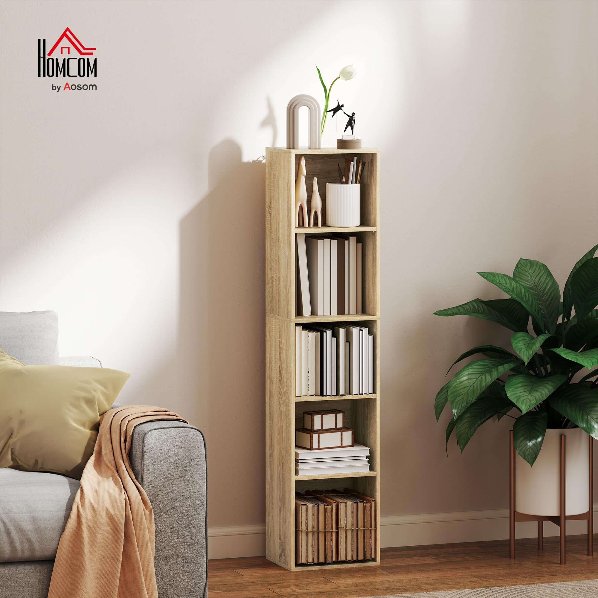 HOMCOM Libreria, scaffale a 5 livelli, contenitore con ripiani regolabili per soggiorno, camera da letto, studio, 30 x 24 x 133,5 cm, legno naturale