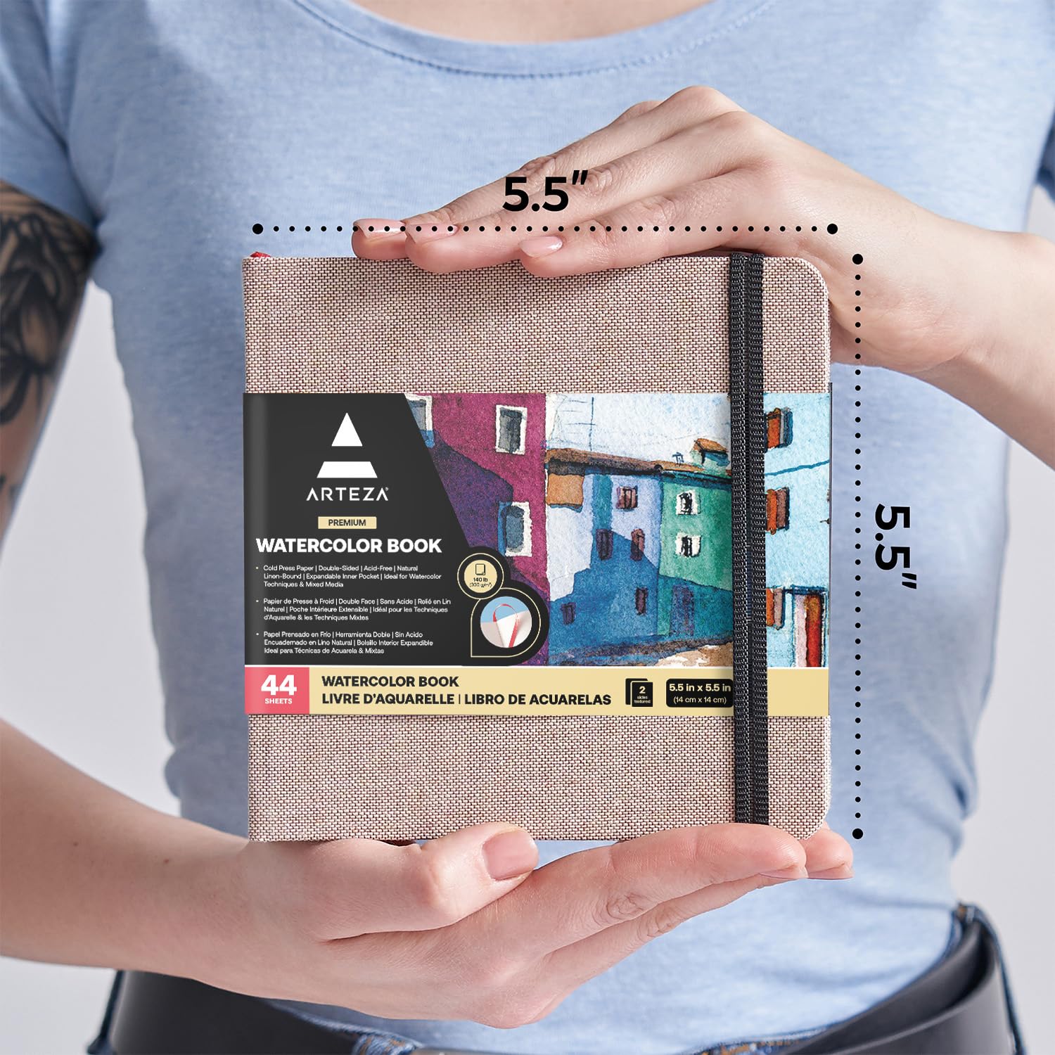Cahiers d'Aquarelle Arteza Beige, 5,5 x 5,5 pouces, 3 Packs, 88 Feuiles, Livre Relié de 110 lb, Carnet de Croquis d'Aquarelle à Utiliser comme Carnet de Voyage et Bloc-Notes de Techniques Mixtes