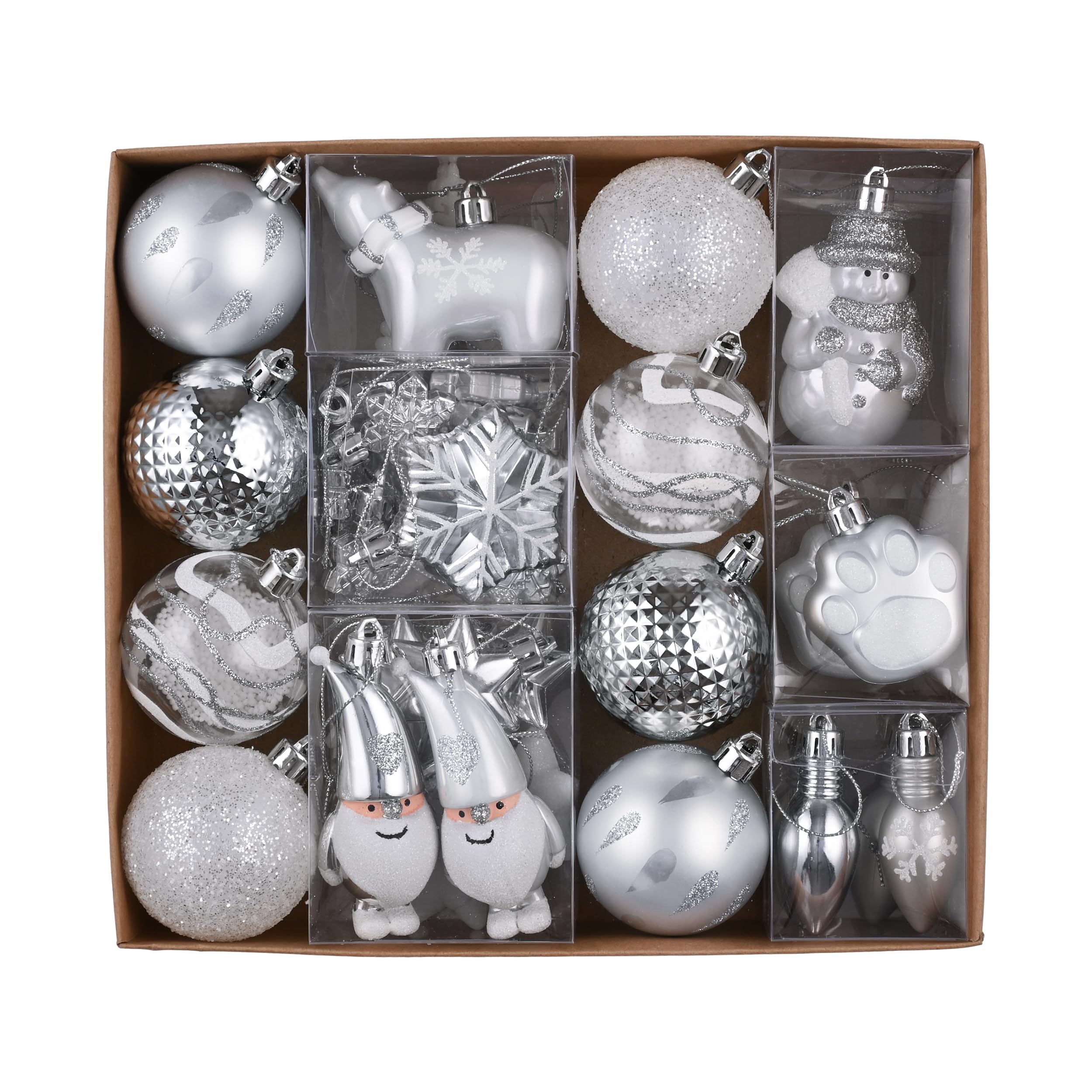 Victor's Workshop Assorted Christmas Baubles Set 40pcs, White and Silver Christmas Ball Shatterproof Ornaments for Xmas Tree Decorations