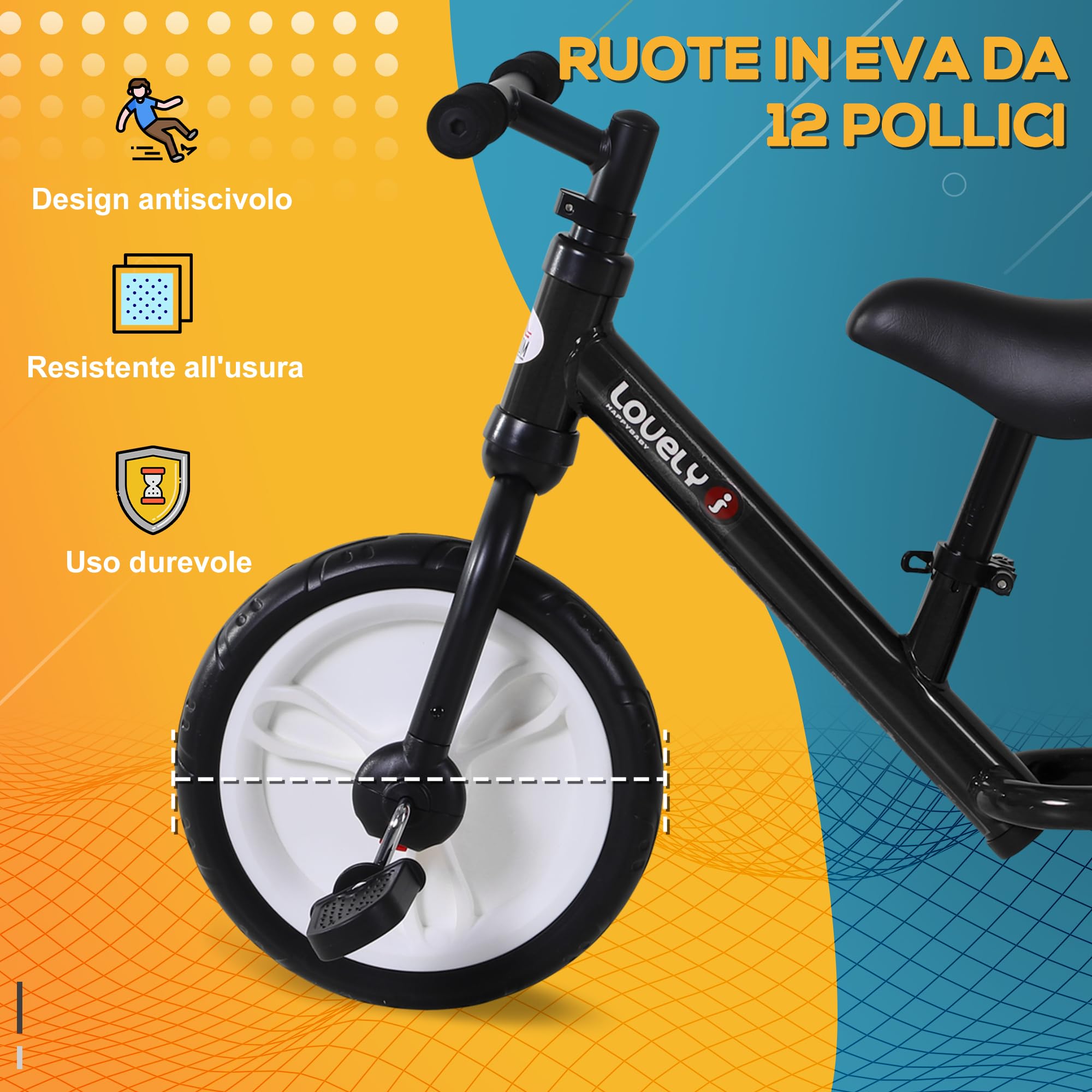 HOMCOM Bicicletta Senza Pedali per Bambini da 2 a 5 Anni, 25 kg, Nero | Balance Bike, Sellino Regolabile, Ruote Ausiliarie e Pedali
