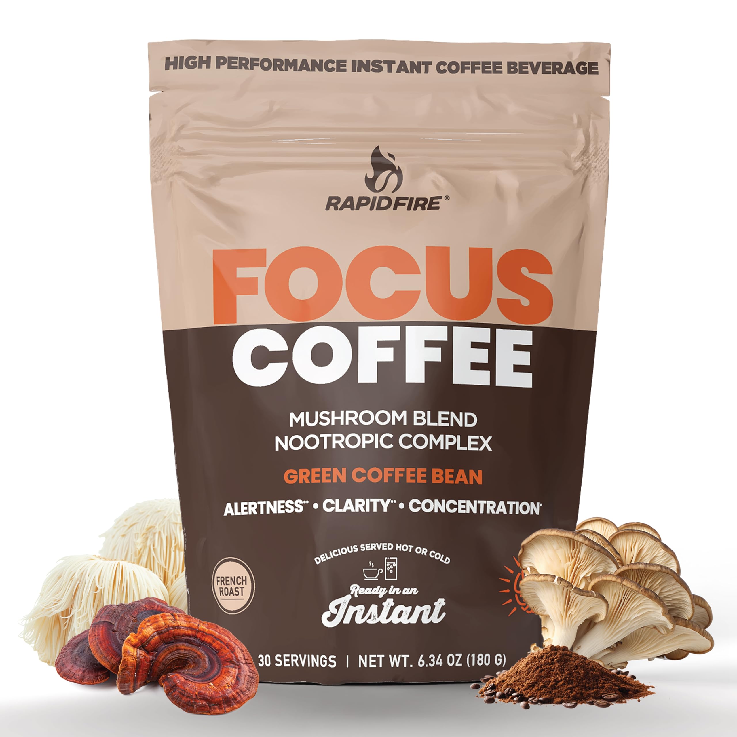 Focus Coffee Mushroom Blend, Nootropic Complex Coffee, Supports Alertness and Clarity, (Lion’s Mane, Cordyceps, Turkey Tail) Green Coffee Bean Instant Coffee for Focus & Gut Health, 30 Servings 6.34 Ounce (Pack of 1)