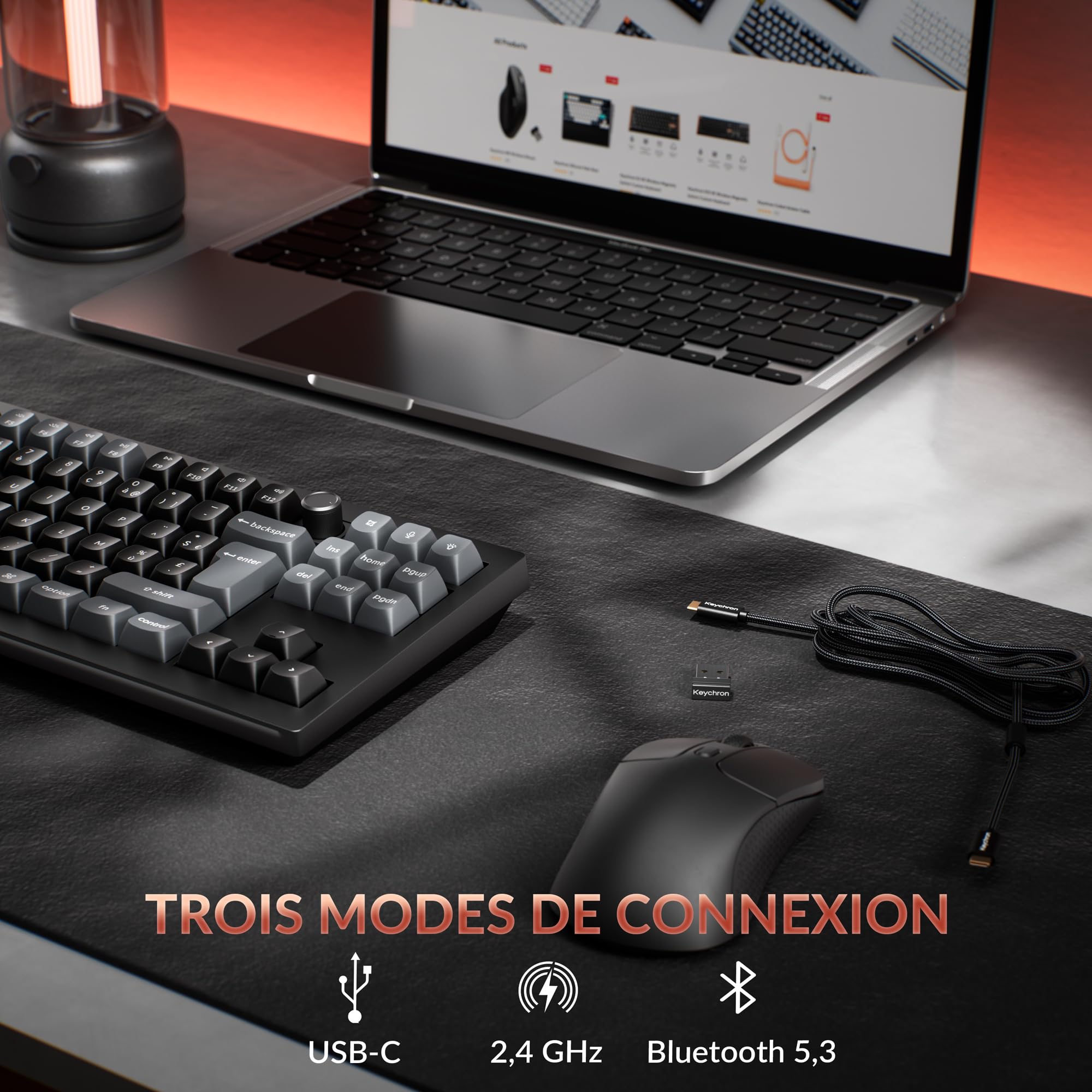 Keychron V3 Ultra ZMK Clavier Mécanique sans Fil, TKL ISO-FR Layout, 8K Polling Rate, 2,4 GHz/Bluetooth 5.3 /Filaire, RGB, Pré-lubrifiés, pour Mac, Windows et Linux, Interrupteurs Rouges Silk Pom