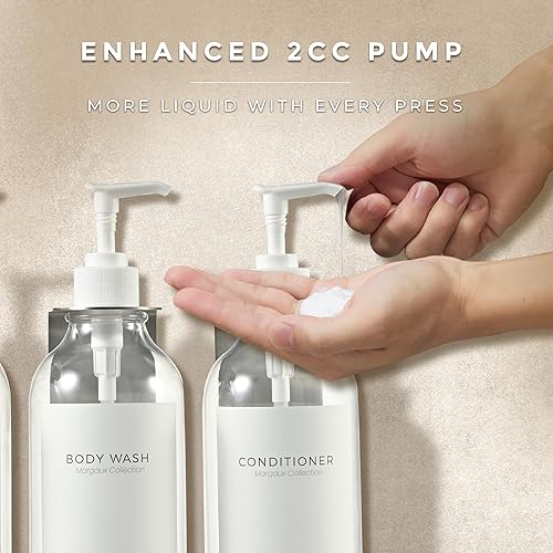 Vista 5 de MaisoNovo Dispensador de champú y acondicionador, dispensador de jabón de ducha montado en la pared, juego de 3 botellas de plástico transparente