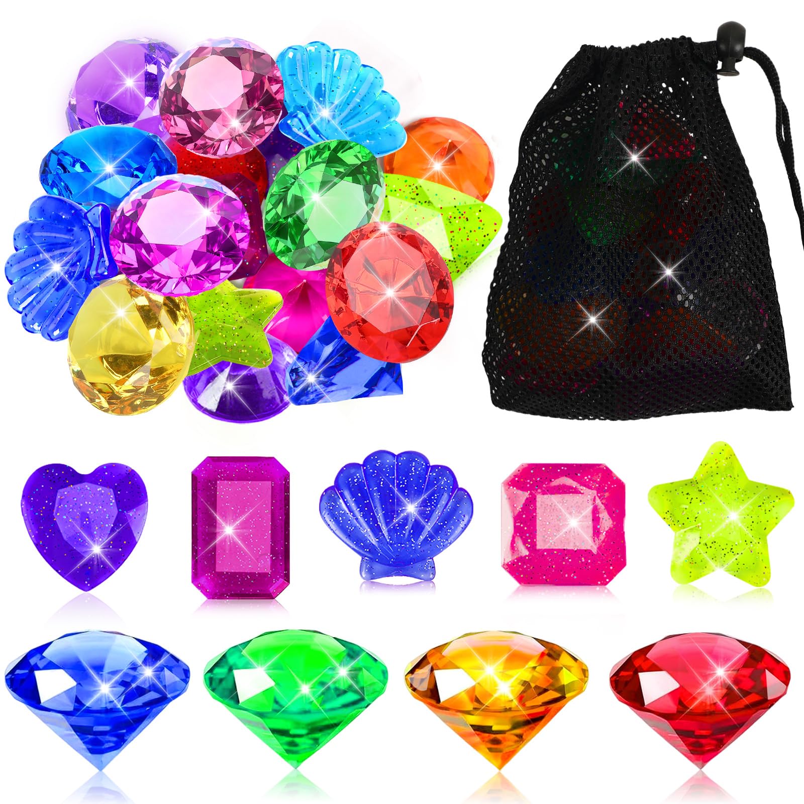 MARFOREVER 16pcs Colorful Diving Pool Toys Set Acrylic Gems Diving Pirate Treasure for Swimming Training Summer Pool Beach