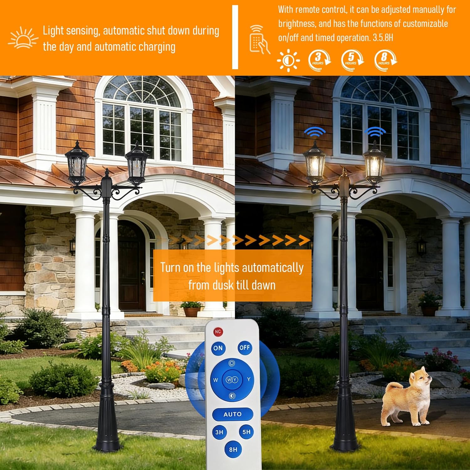 Solar Post Lights Two E26 Lamps Holder with Remote and Automatic ON/Off,Solar Powered Outdoor Waterproof High Pole Standing Lamp Lighting for Outside Path,Yard,Garden,Lawn,Street,94.5In Black