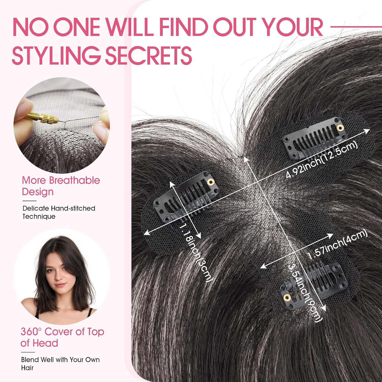 Hairro Human Hair Toppers with Side Bangs, 3D 360° Seamless Real Hair Toppers, Hand-Tied with 3.5"x4.7" T-shaped Base, Clip-In Hairpieces to Add Volume on Top, 11 Inch Natural Black