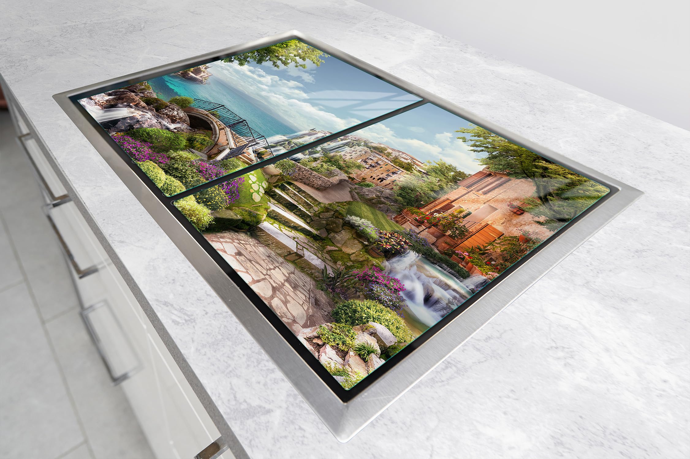 TMK ArtDeko Placa protectora de vitrocerámica 35 x 52 cm 2 piezas cocina eléctrica universal para inducción protección contra salpicaduras tabla de cortar de vidrio templado, Campo