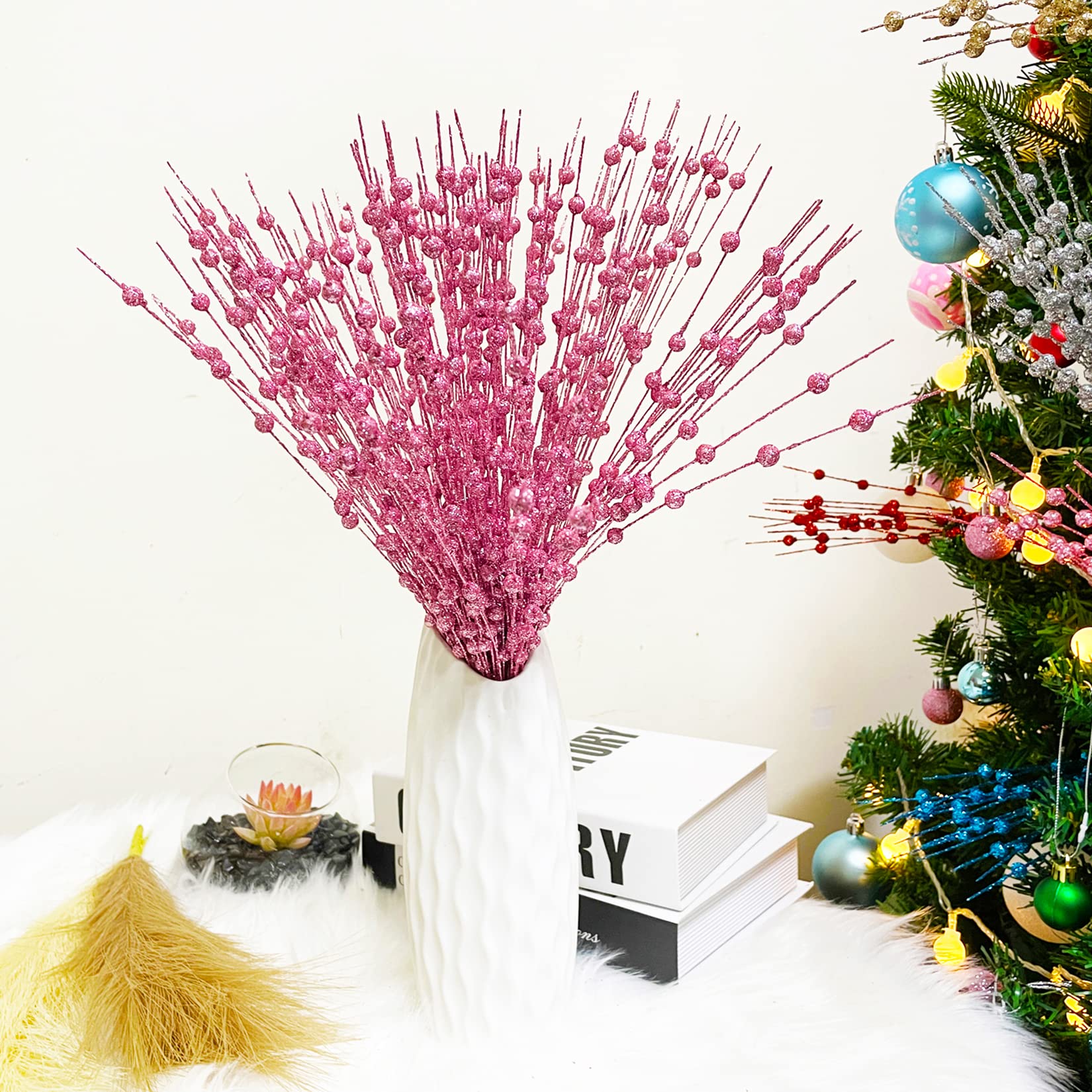 RIFNY Valentines Day Decor -12 Pack 17" Pink Artificial Glitter Berry Stems Ornaments Fake Flowers Glitter Berries Stem for Christmas Tree Wreath DIY Craft,Wedding Party Home Table Decorations (Pink)