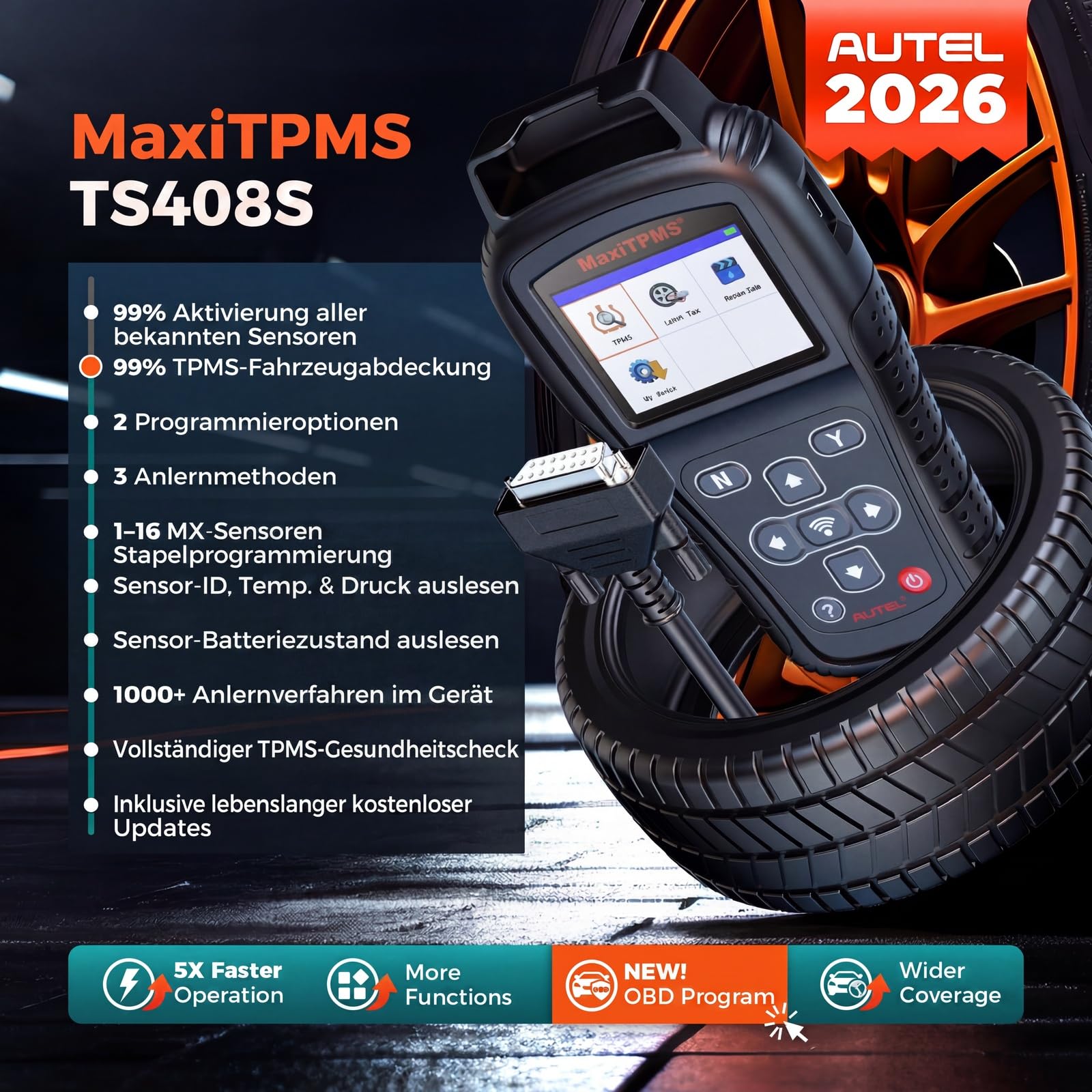 Autel MaxiTPMS TS408S – 2026 TPMS Anlernwerkzeug, OBD2 Scanner – OEM-Sensor (3 * 5+433MHz) Aktivierung/Anlernen/Reset/DTC löschen – Ersatz für TS501 PRO/TS508WIFI/TS601