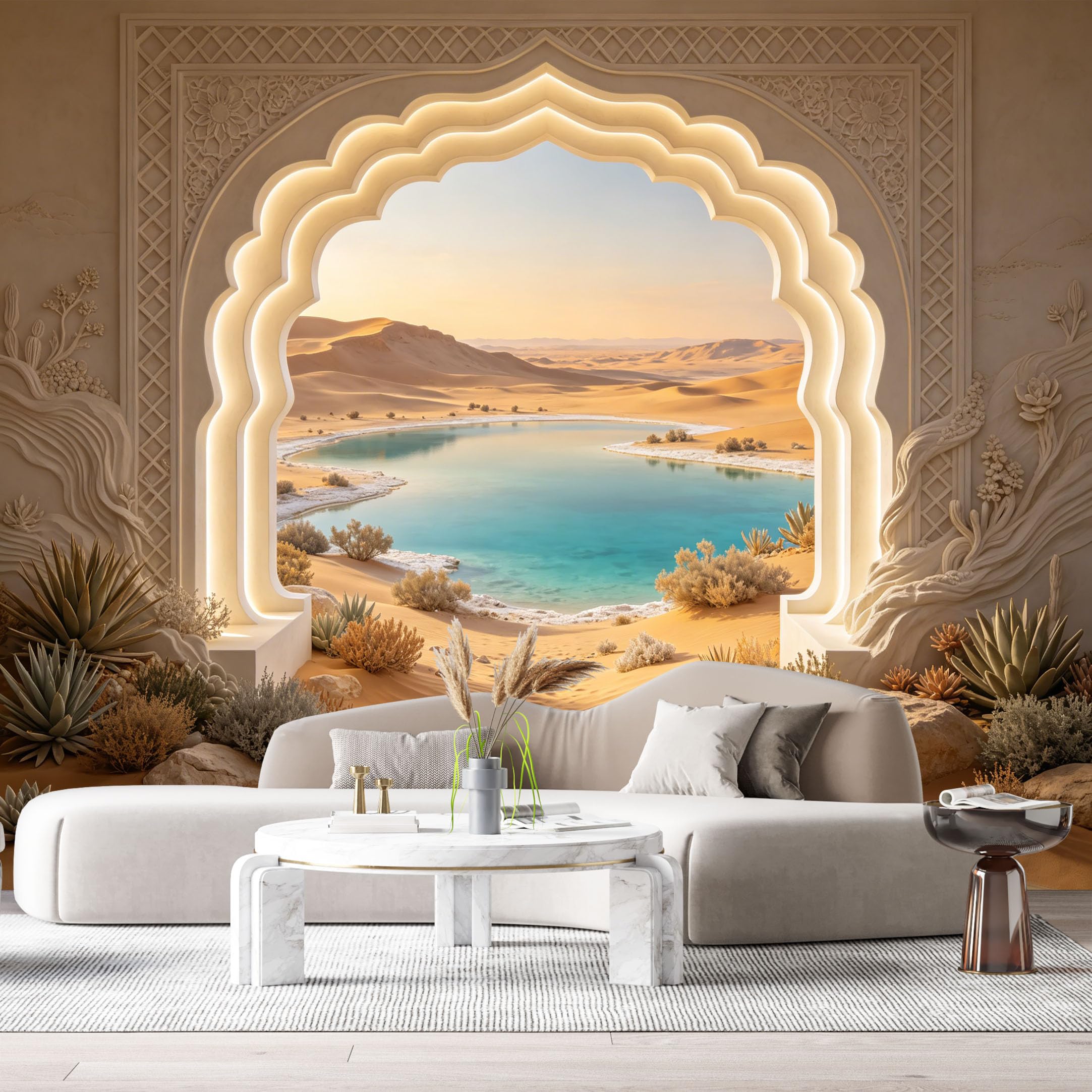 Custom Size Wall Murals Desert Oasis Archway Turquoise Lake Oil Painting 3D Trompe L'Oeil SelfAdhesiveWall Fabric Removable Wallpaper Wall Decor for Living Room Bedroom Bathroom