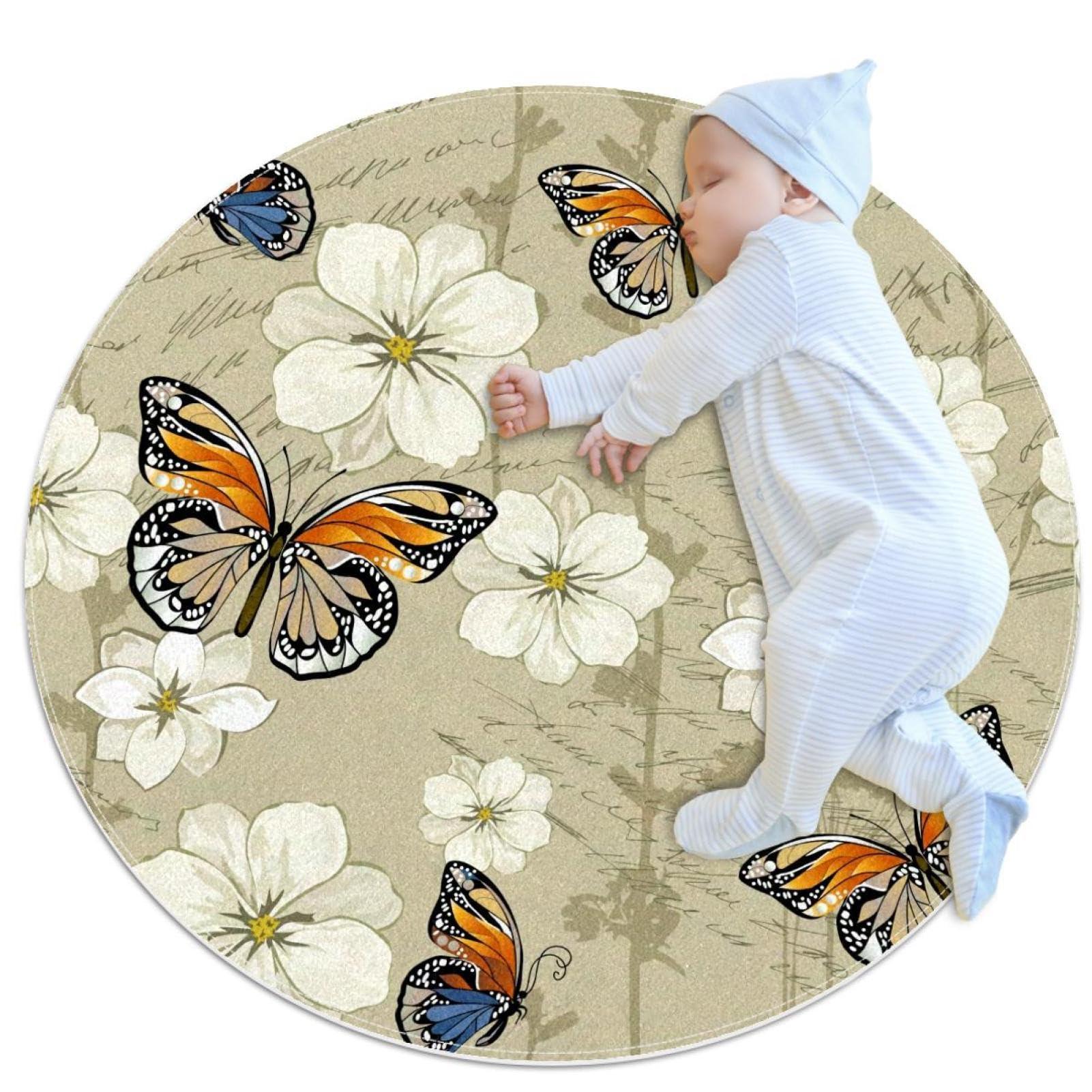 Tapis de salle de bain rond 1m motif papillon fleur magnolia blanc antidérapant