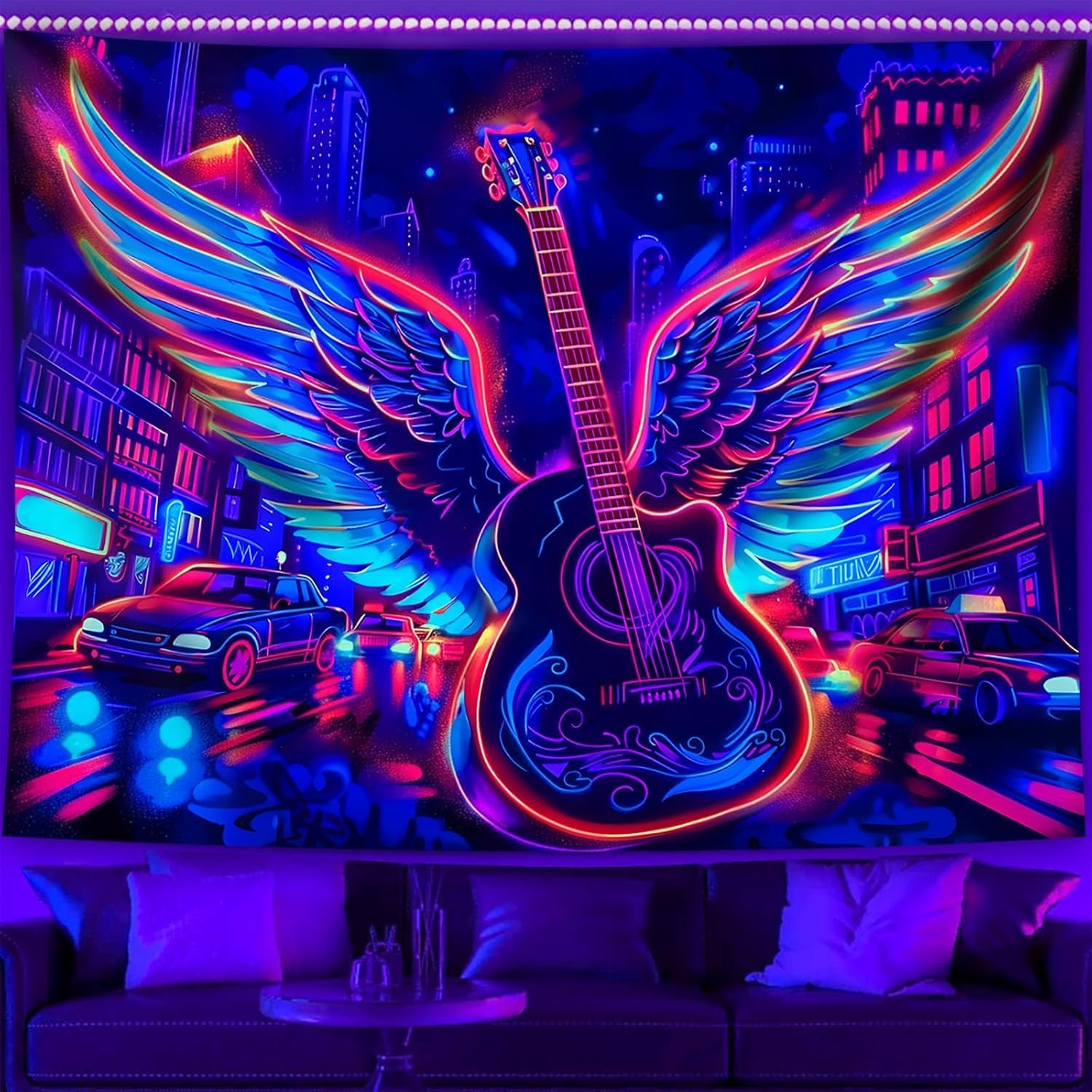 TUGCAY Blacklight Guitar Wing Tapestry UV Reactive Rock Music Tapestry Punk City Car Building Street Wall Hanging Tapestries for Bedroom Dorm Living Room Decor 70" X 90"