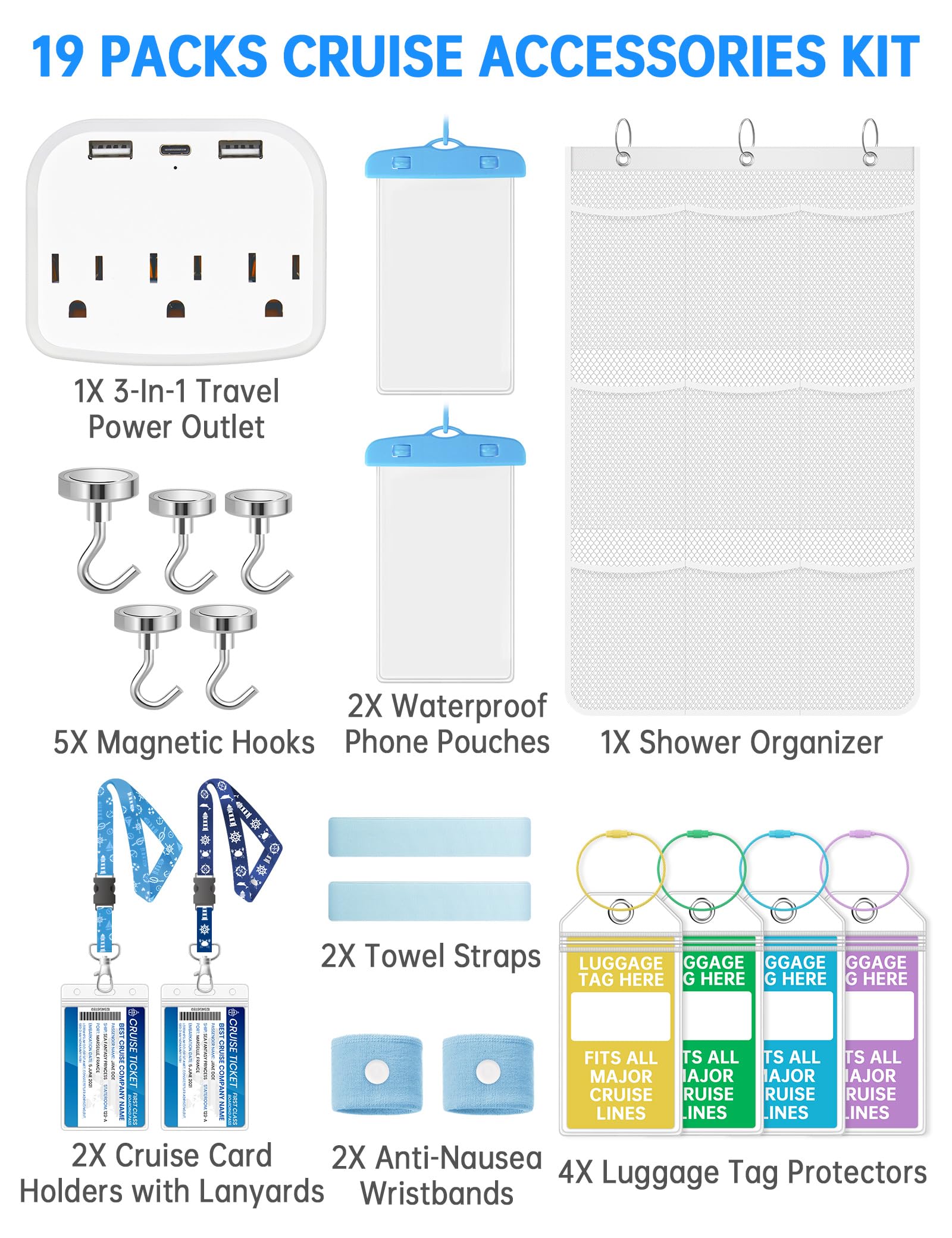 NiHome Kit essenziale per viaggi da crociera da 19 pezzi: presa multipla, borse impermeabili per telefono, porta etichette per bagagli, ganci magnetici, cordini per carte da crociera, fasce per