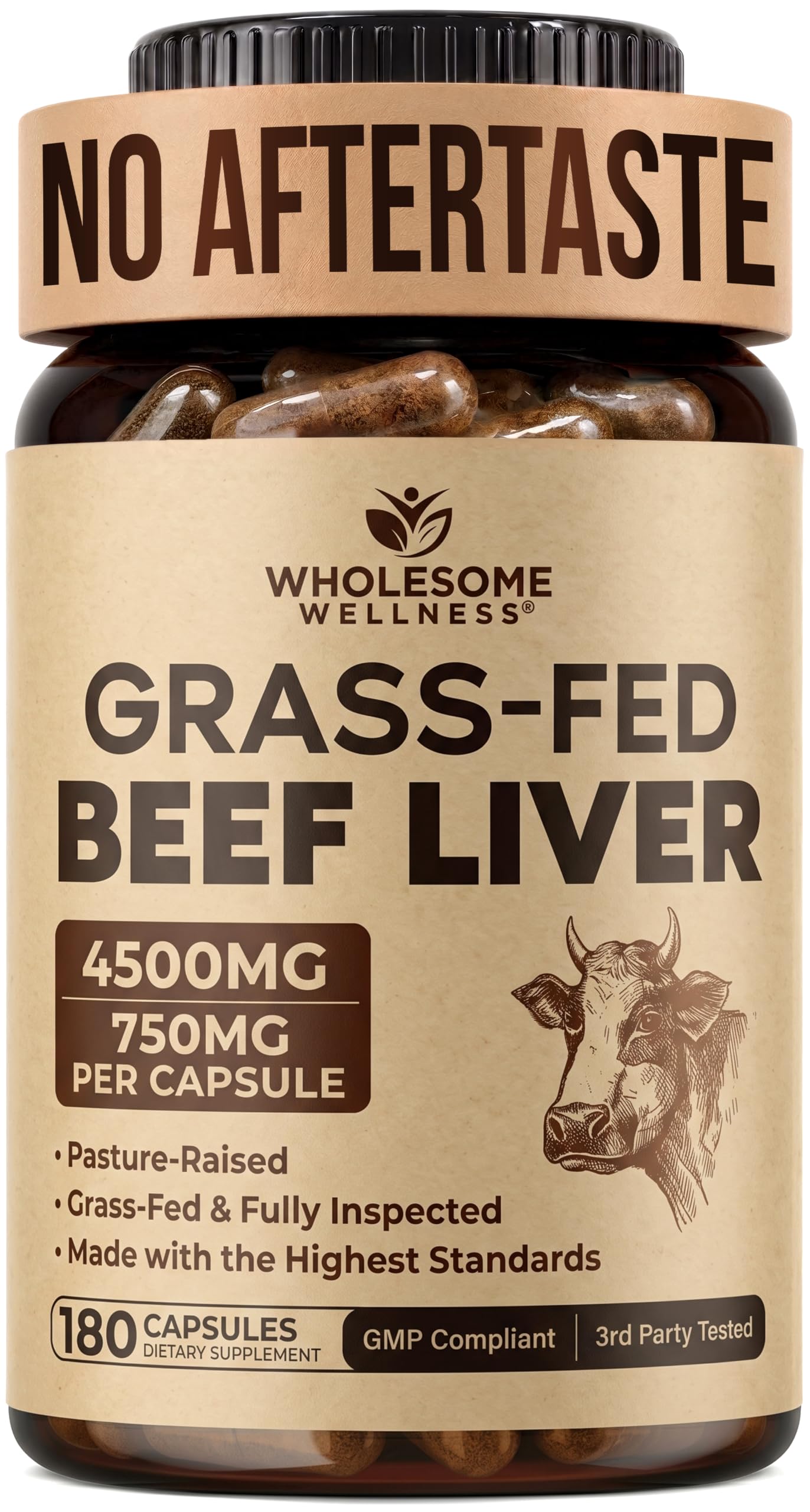Wholesome Wellness Grass Fed Desiccated Beef Liver Capsules (180 Pills, 750mg Each) - Natural Iron, Vitamin A, B12 for Energy - Raised Undefatted in New Zealand Without Hormones or Chemicals