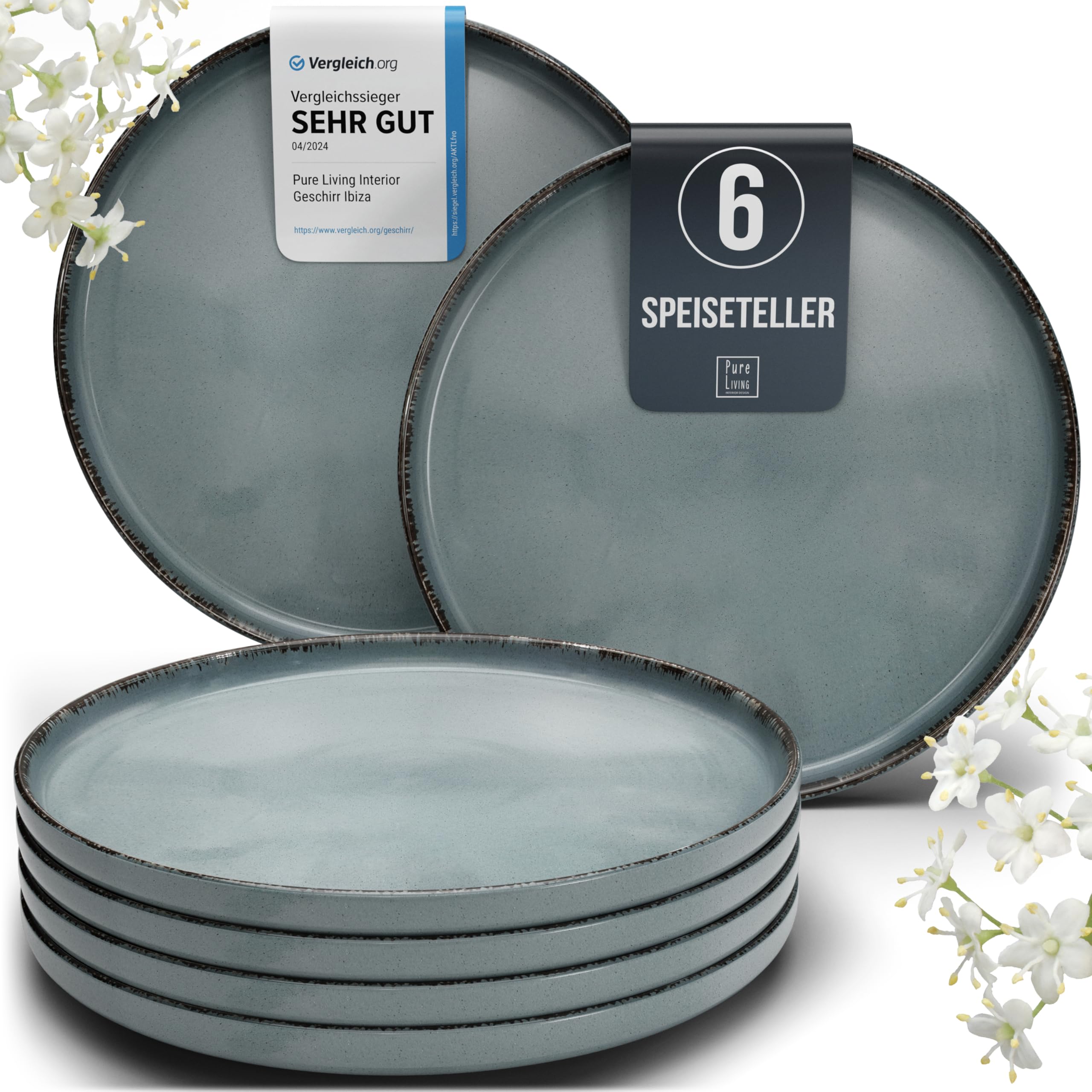 Steingut Teller Groß 6 Personen Rustic TESTSIEGER, Hochwertiges Landhaussttil Steingut Speiseteller Set, Stylisches Essteller Set, Pure Living in Rauchblau