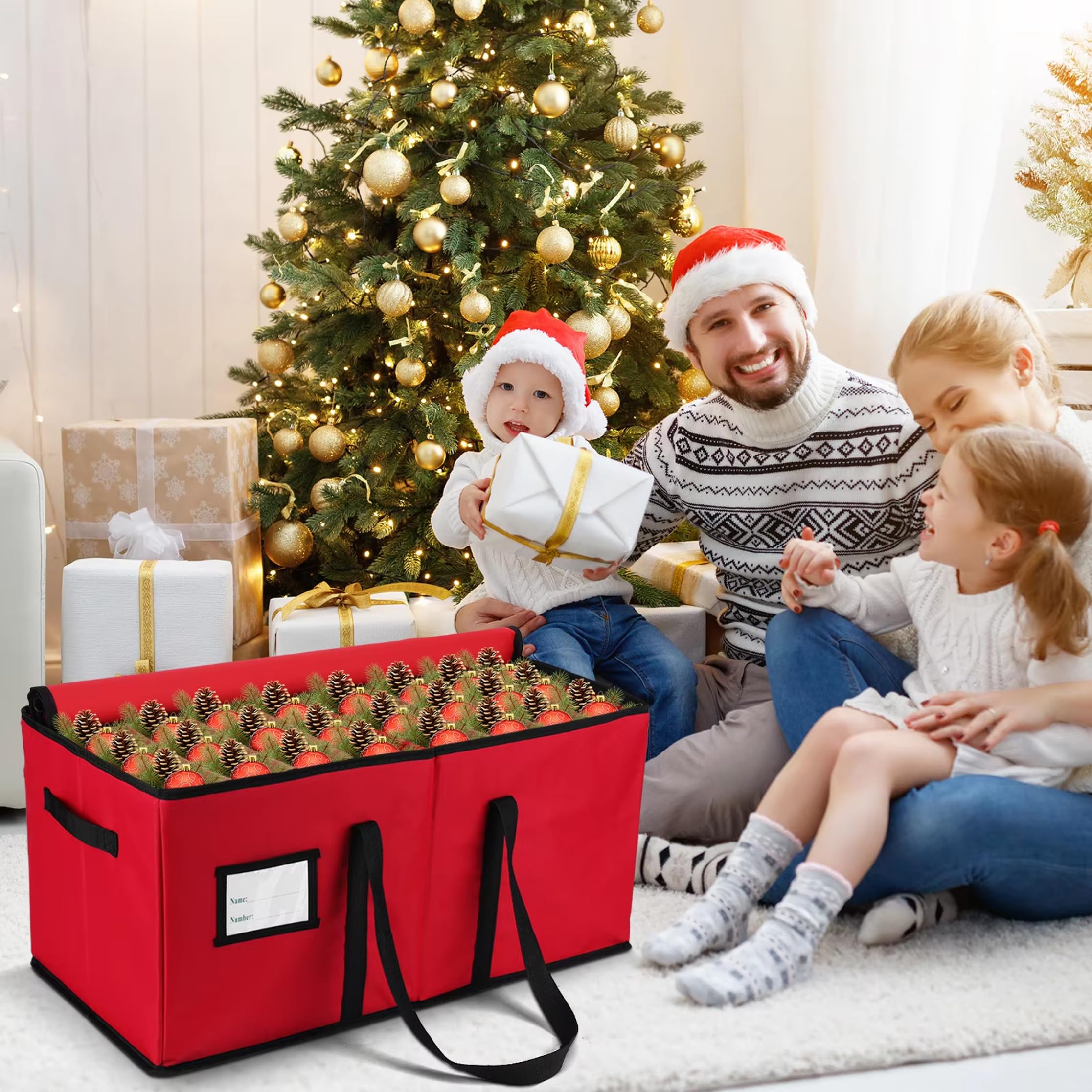 Almacenamiento de adornos navideños Almacenamiento navideño plegable de 128 compartimentos Rojo