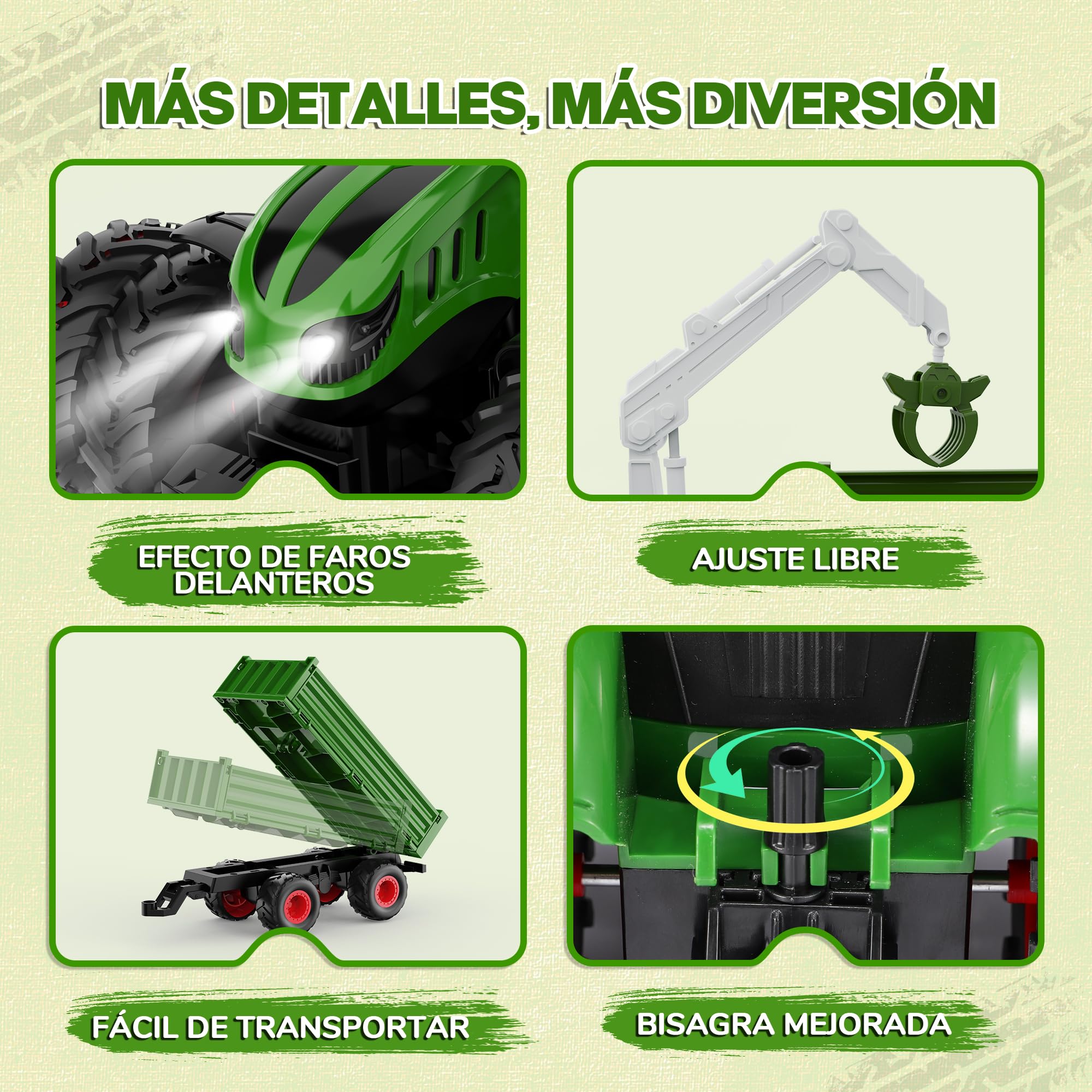 HappyGoLucky Tractor Teledirigido para Niños, 2.4GHz, 1:16 Tractor Juguete con Luz, Camion Teledirigido Regalo Niño 4-12 Años, Coches para Niños Juguetes Niños 3-9 Años, Regalo Navidad Niño Halloween