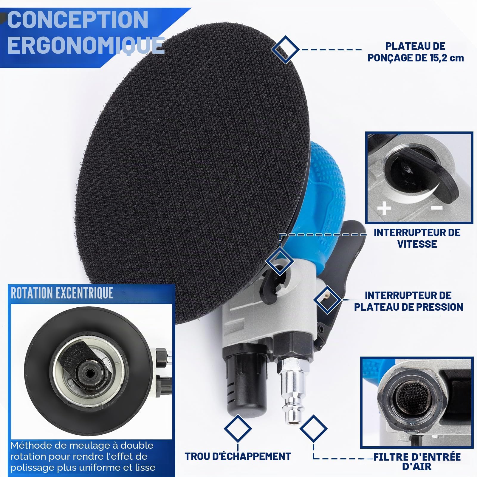 Ponceuse excentrique à air comprimé pneumatique orbitale avec régulation de la Vitesse, pour polissage du bois, métal et carrosserie, ponceuse double action Ø 150 mm 6“